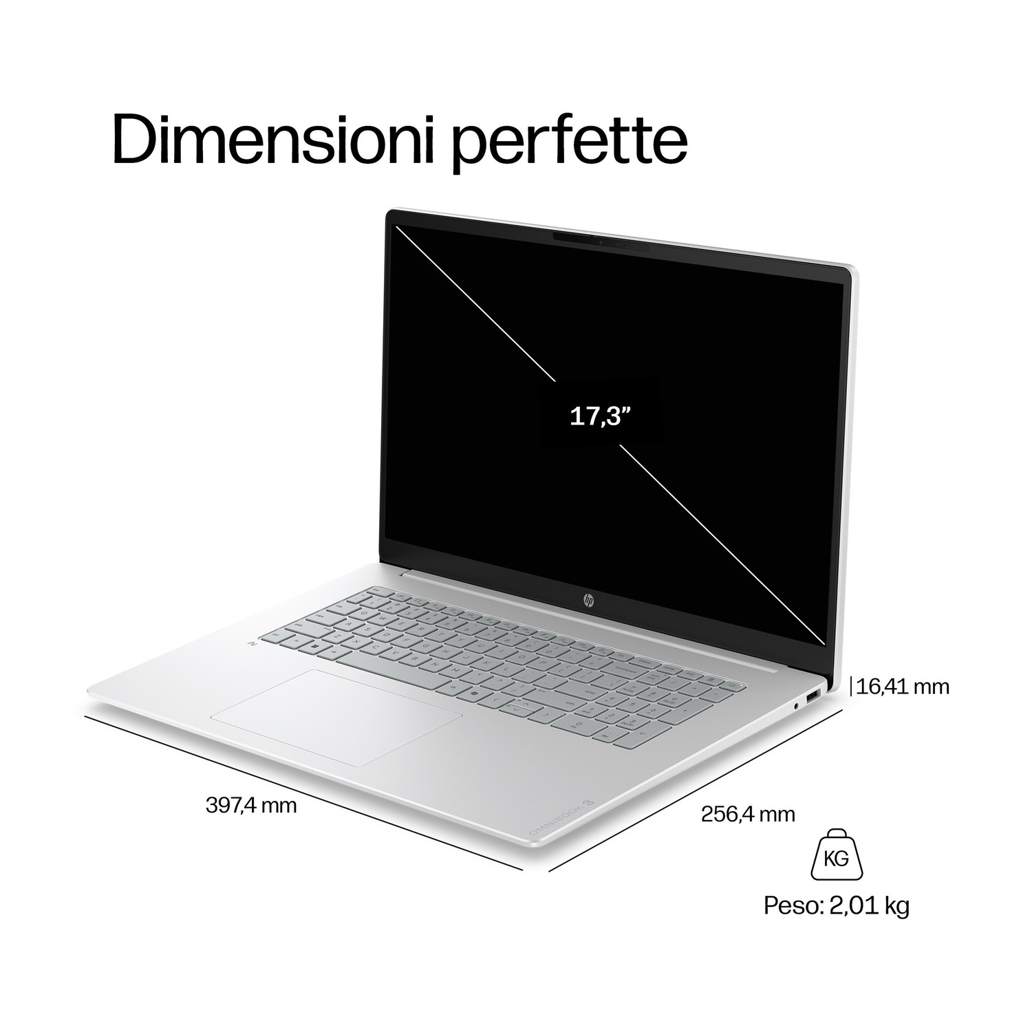 Un laptop argentato con schermo da 17,3 pollici, larghezza 397,4 mm, profondità 256,4 mm, spessore 16,41 mm e peso 2,01 kg.
