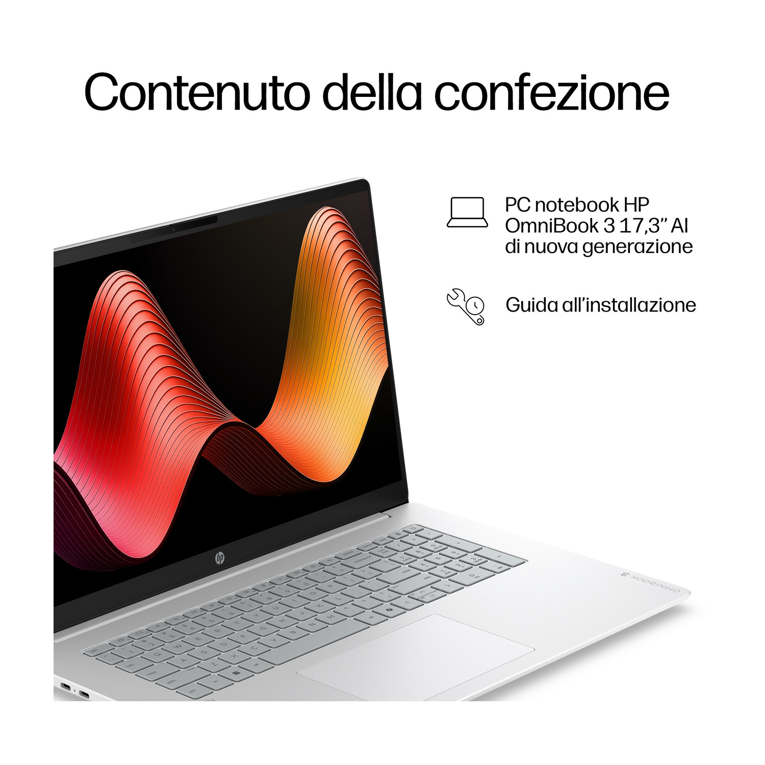 Un laptop HP OmniBook 3 argentato con sfondo astratto vibrante. Include manuale.
