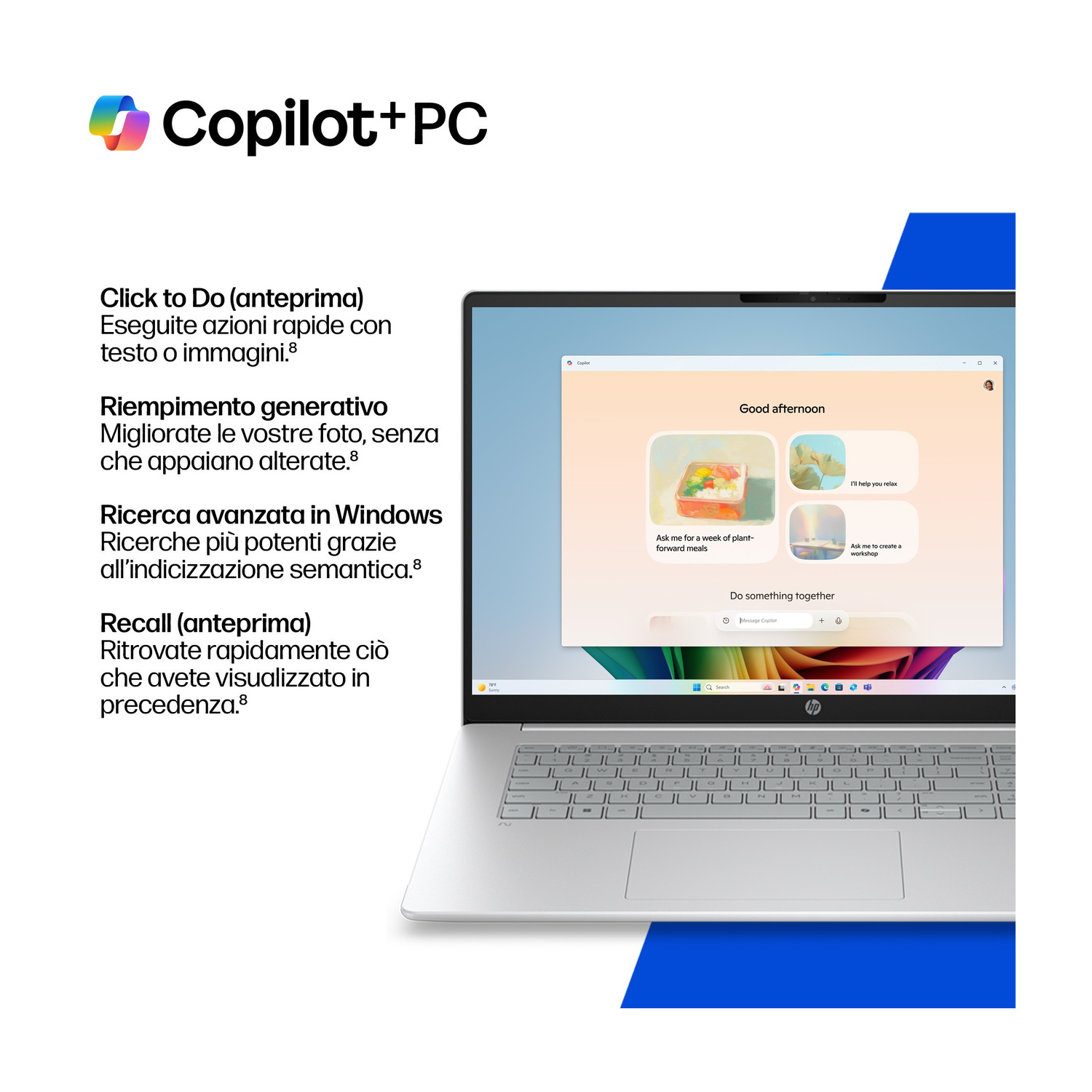 Laptop con logo Copilot+PC e testo che descrive funzioni come Click to Do.