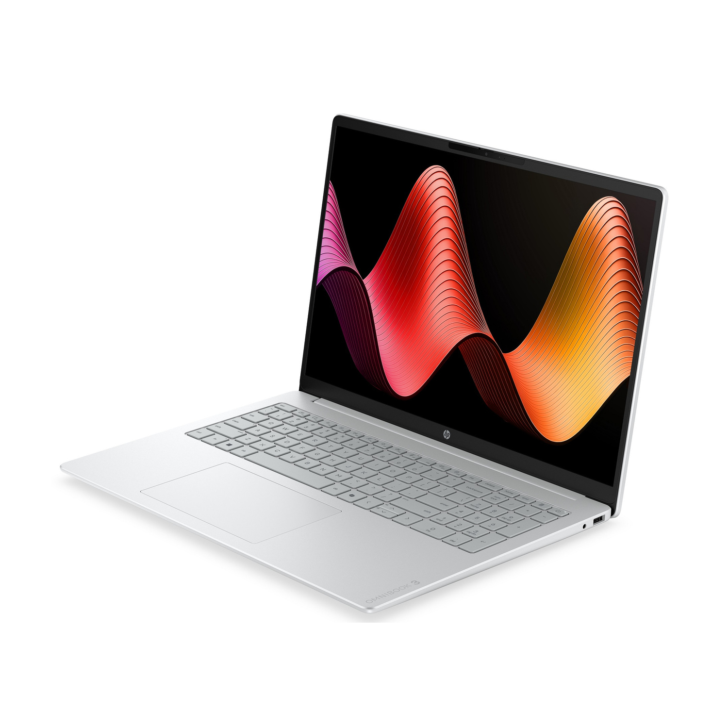 Un laptop argentato con motivo a onde colorate sullo schermo su sfondo bianco.