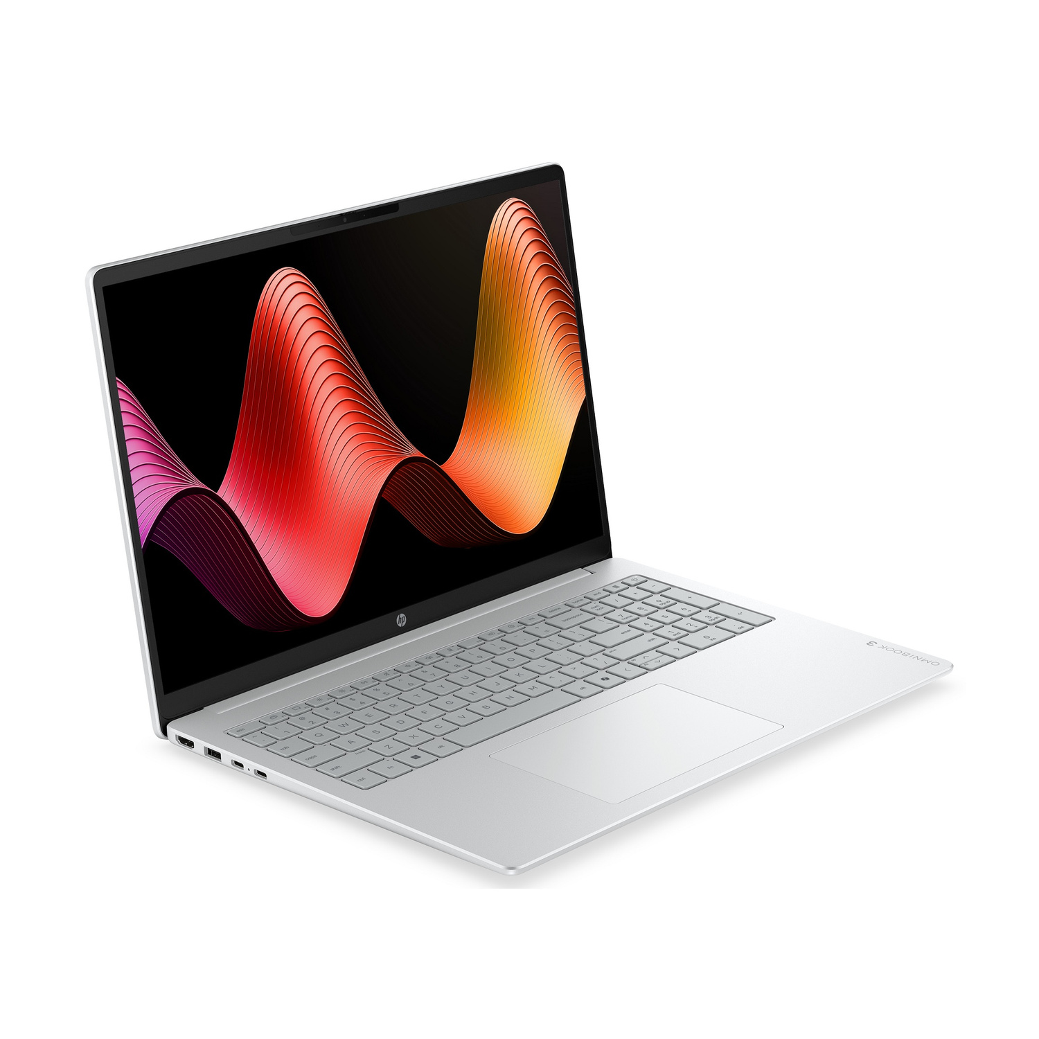 Un laptop argentato con un motivo ondulato colorato sullo schermo su sfondo bianco.