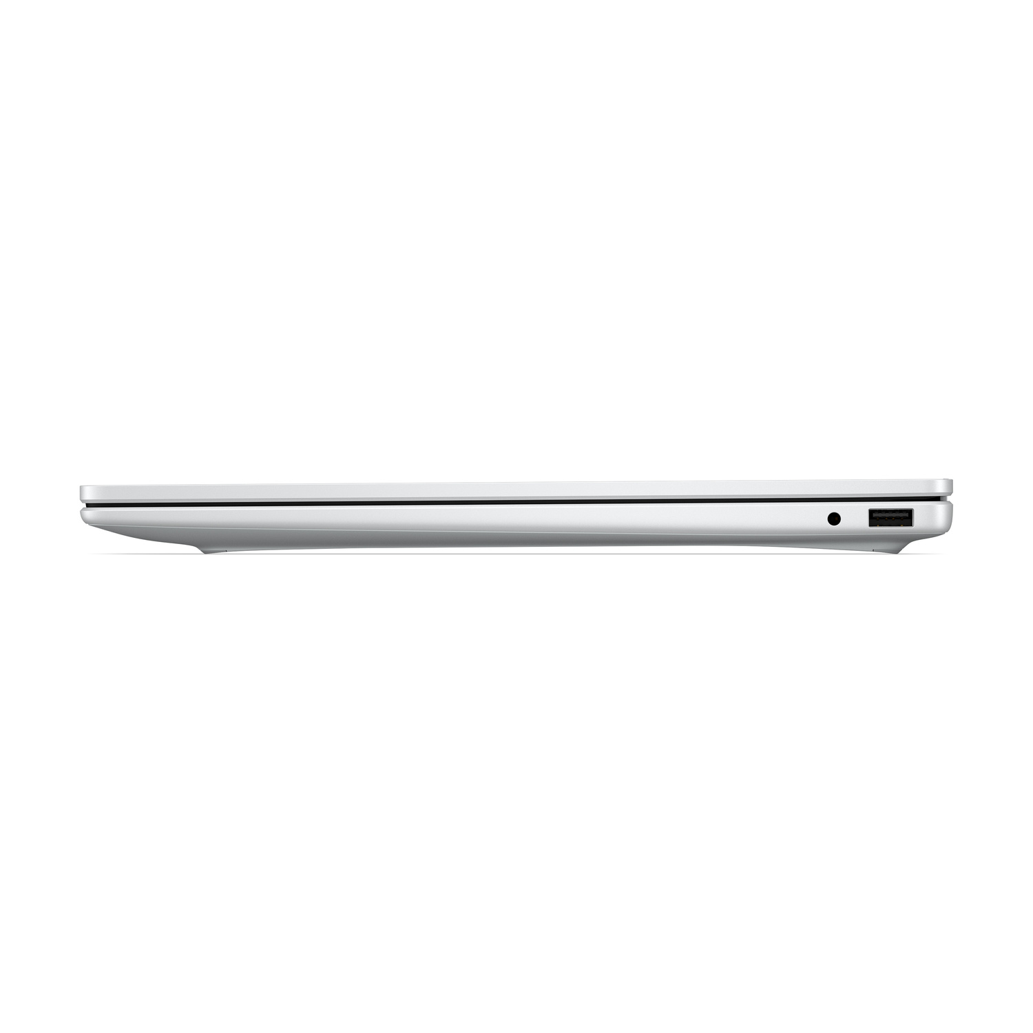 Laptop argentato vista laterale, con porta USB e jack audio.