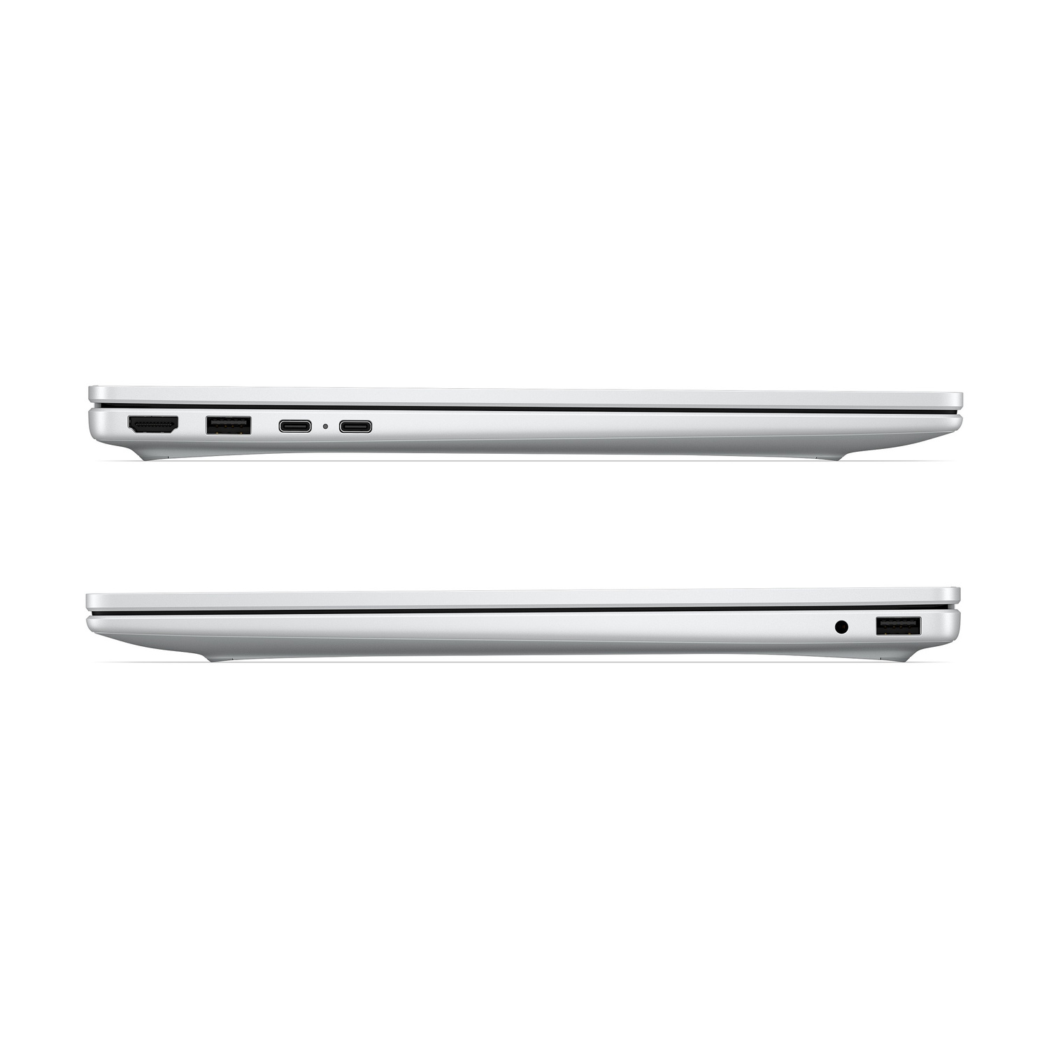 Laptop argentato su sfondo bianco, vista laterale con porte.