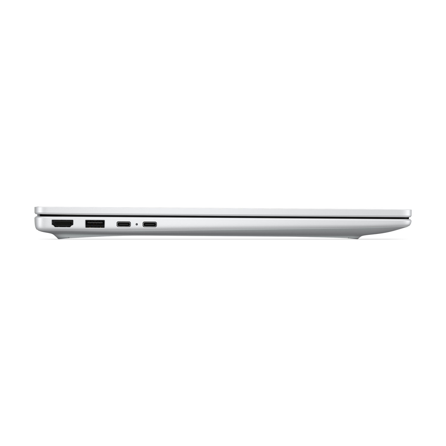 Vista laterale di un laptop argentato chiuso, che mostra le porte HDMI, USB e USB-C.