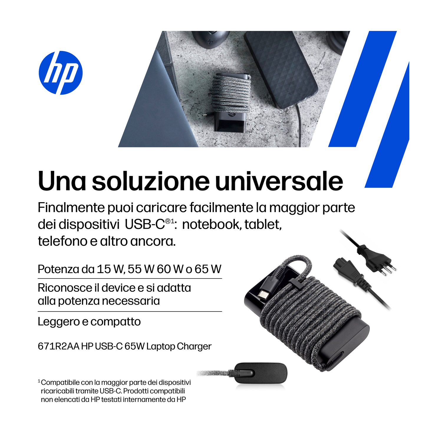 Caricatore HP USB-C 65W con cavo e diverse spine.
