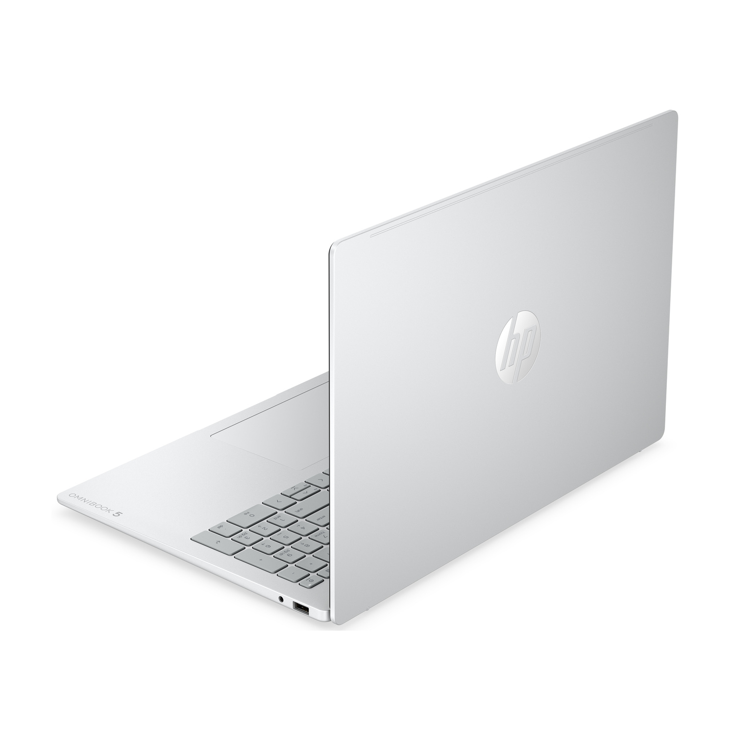 Un laptop HP argentato con tastiera e logo HP sul coperchio.