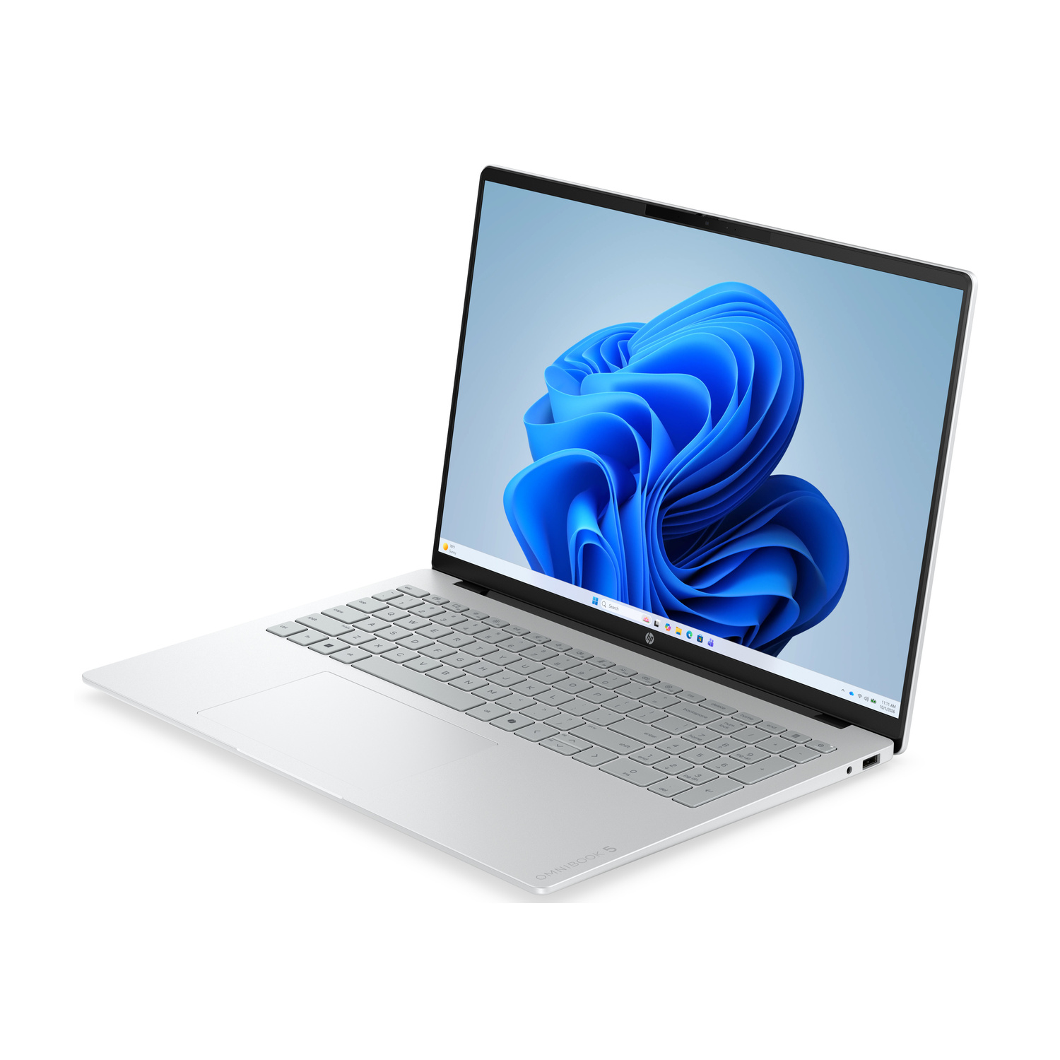 Un laptop HP argentato aperto che mostra la schermata di avvio di Windows.