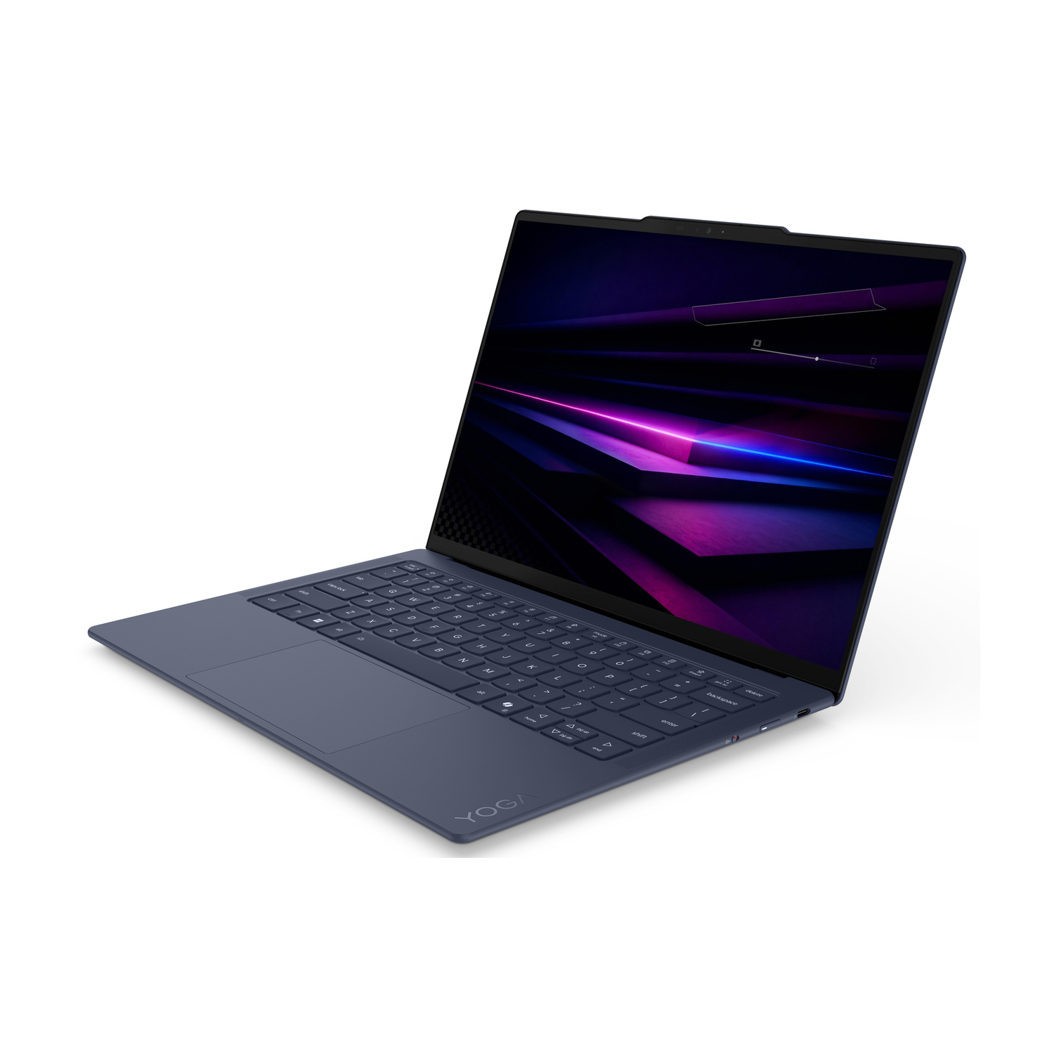 Un laptop blu scuro con schermo e tastiera retroilluminati.