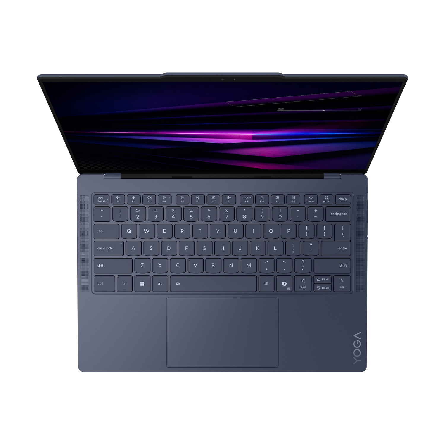 Un laptop blu aperto che mostra tastiera e touchpad.