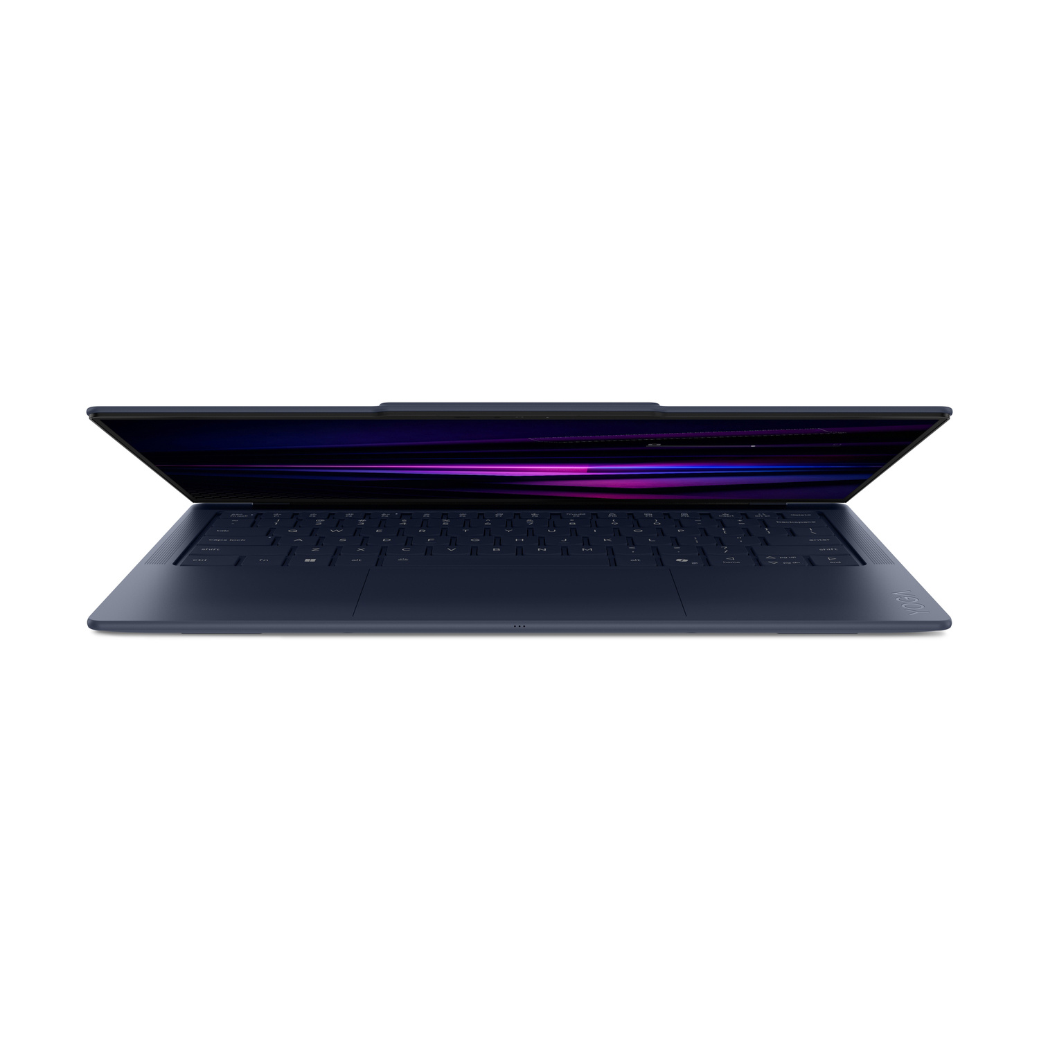 Un laptop blu scuro con lo schermo aperto, che mostra uno sfondo colorato e una tastiera.