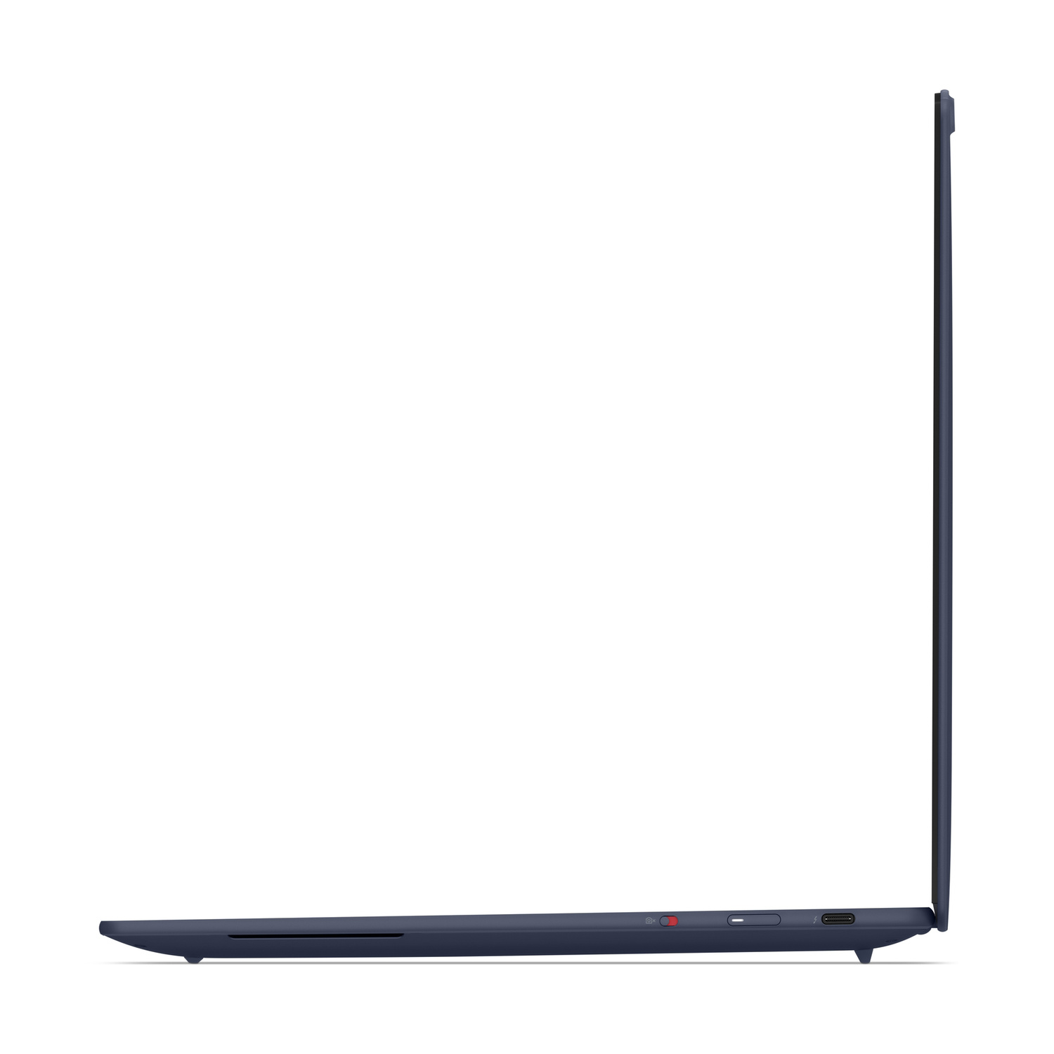 Laptop blu scuro di profilo su sfondo bianco con porte.