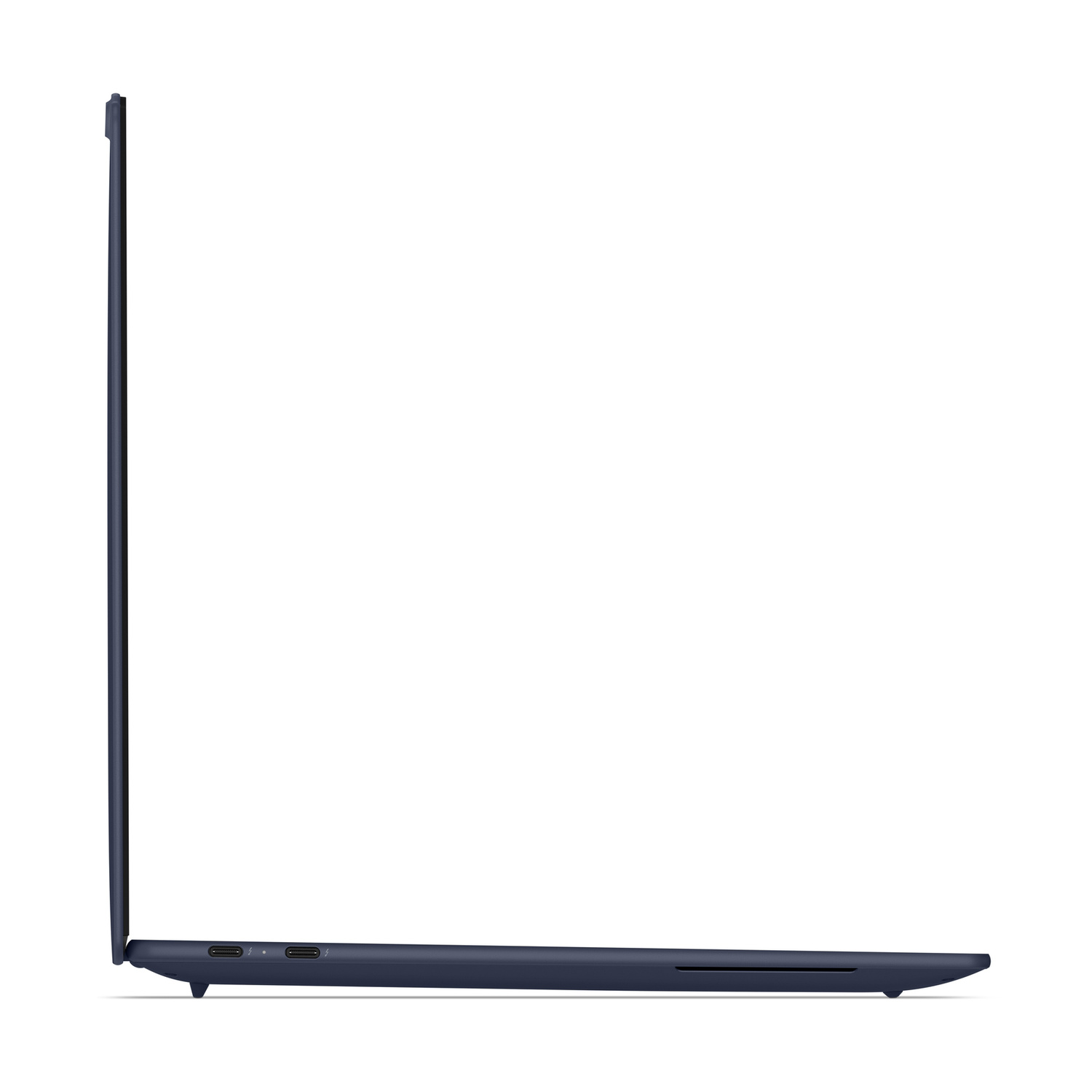 Profilo laptop chiuso blu scuro con due porte USB-C.