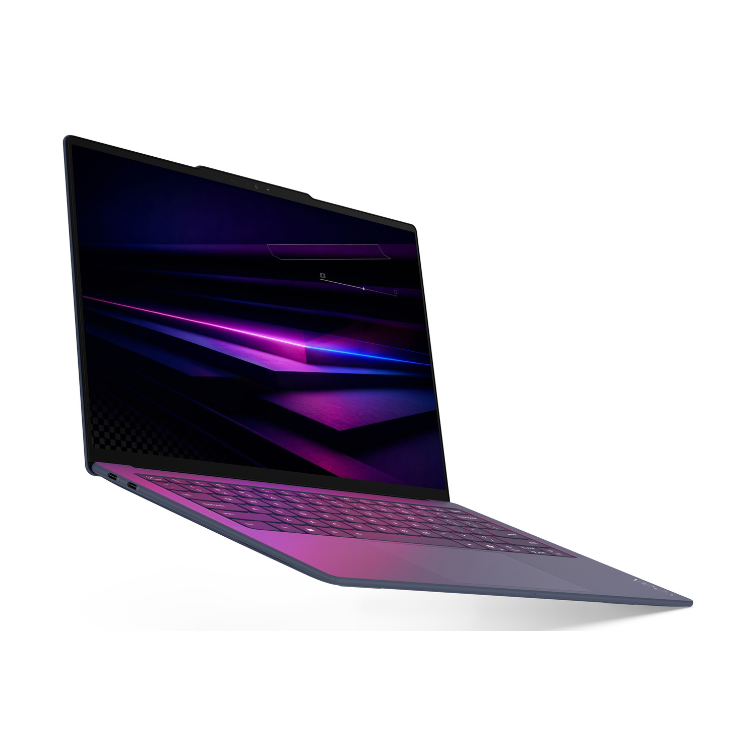 Un laptop blu aperto con uno sfondo futuristico viola e blu sullo schermo.