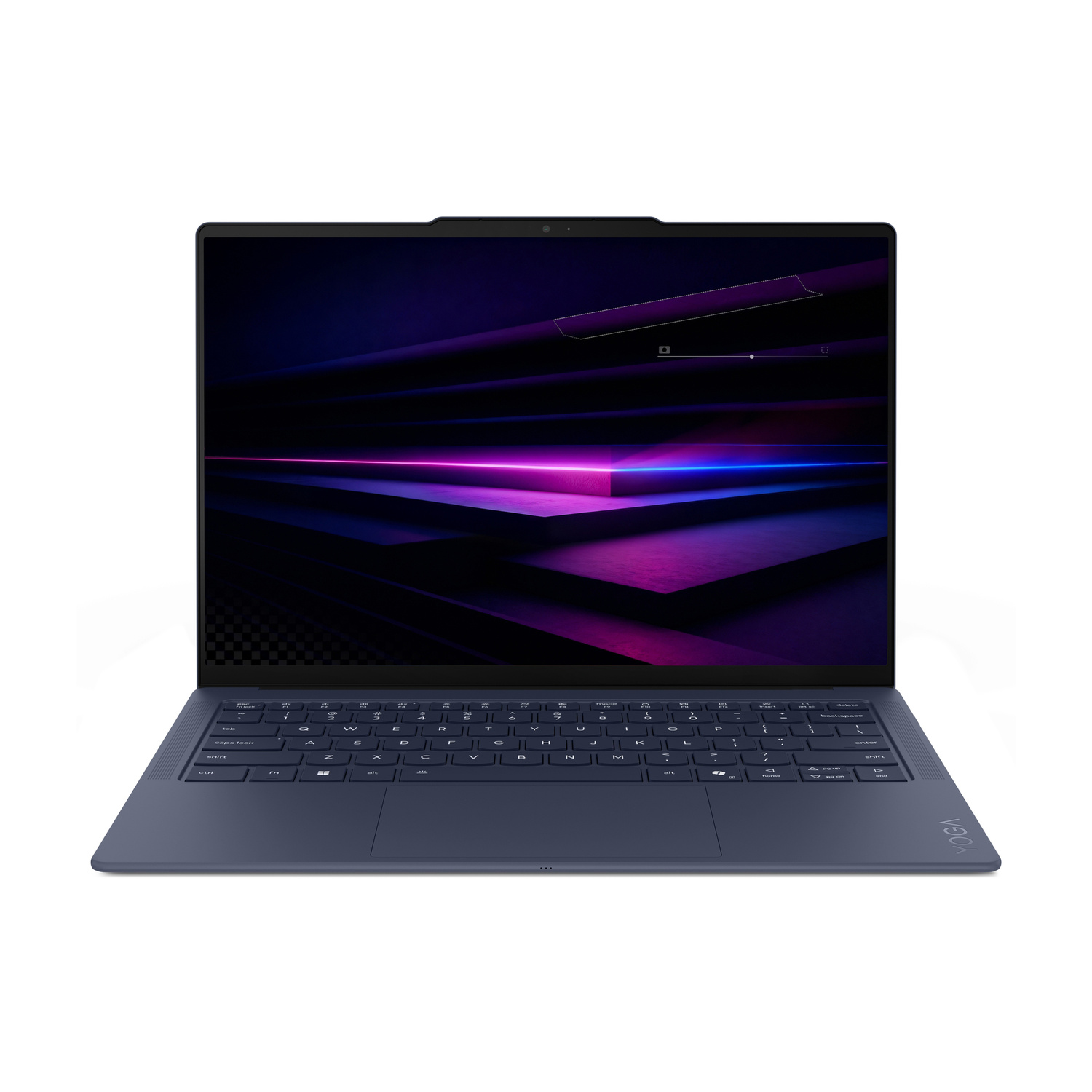 Un laptop blu scuro è aperto, mostra uno sfondo astratto viola e blu vibrante sullo schermo.