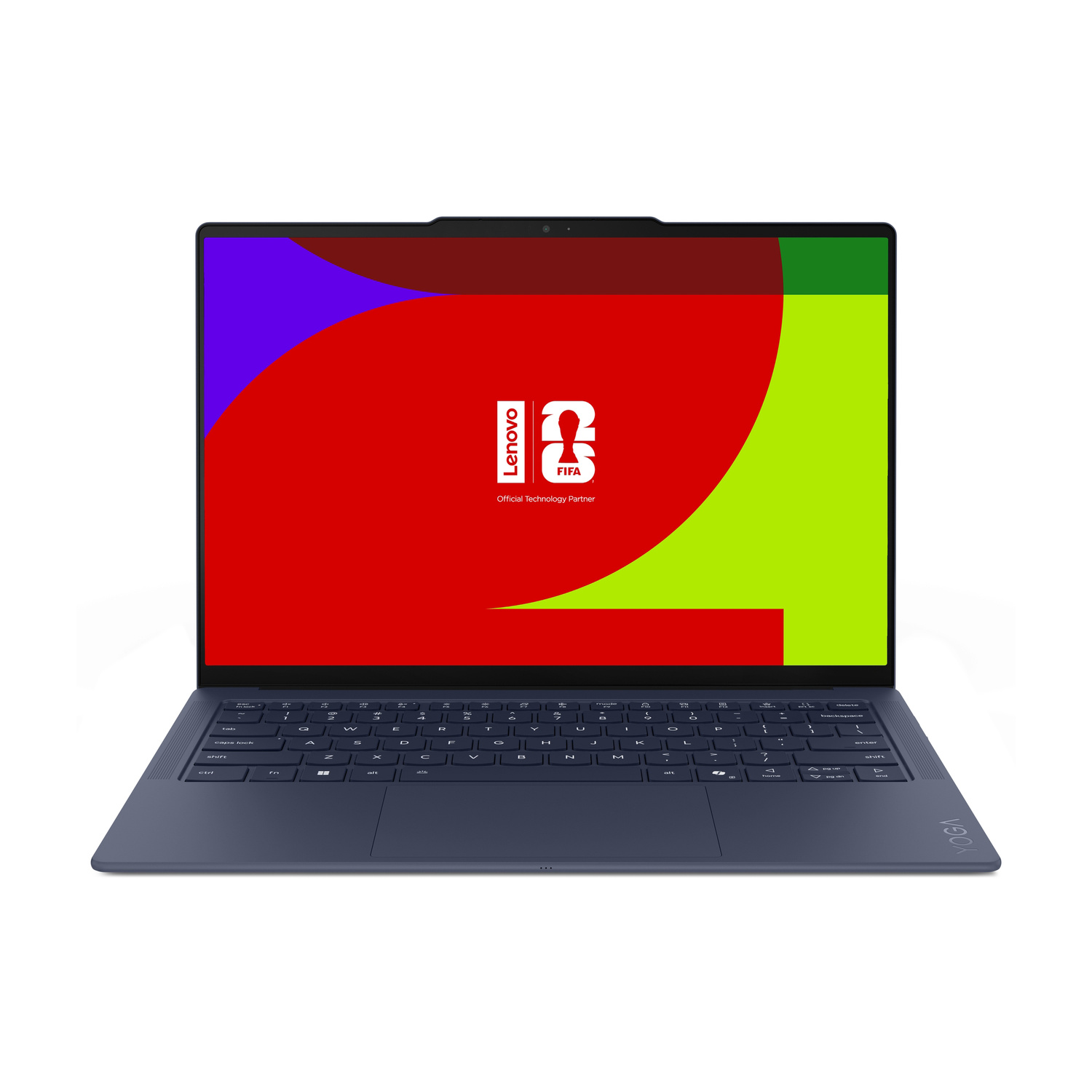 Un laptop blu scuro con logo Lenovo & FIFA sullo schermo.
