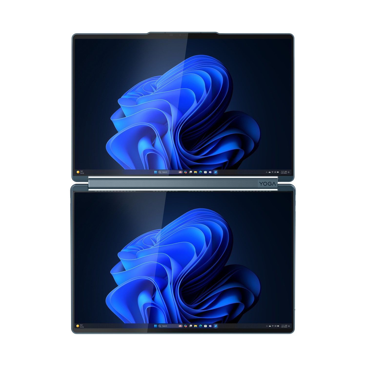 Due laptop mostrano uno sfondo blu ondulato con barra delle applicazioni di Windows.
