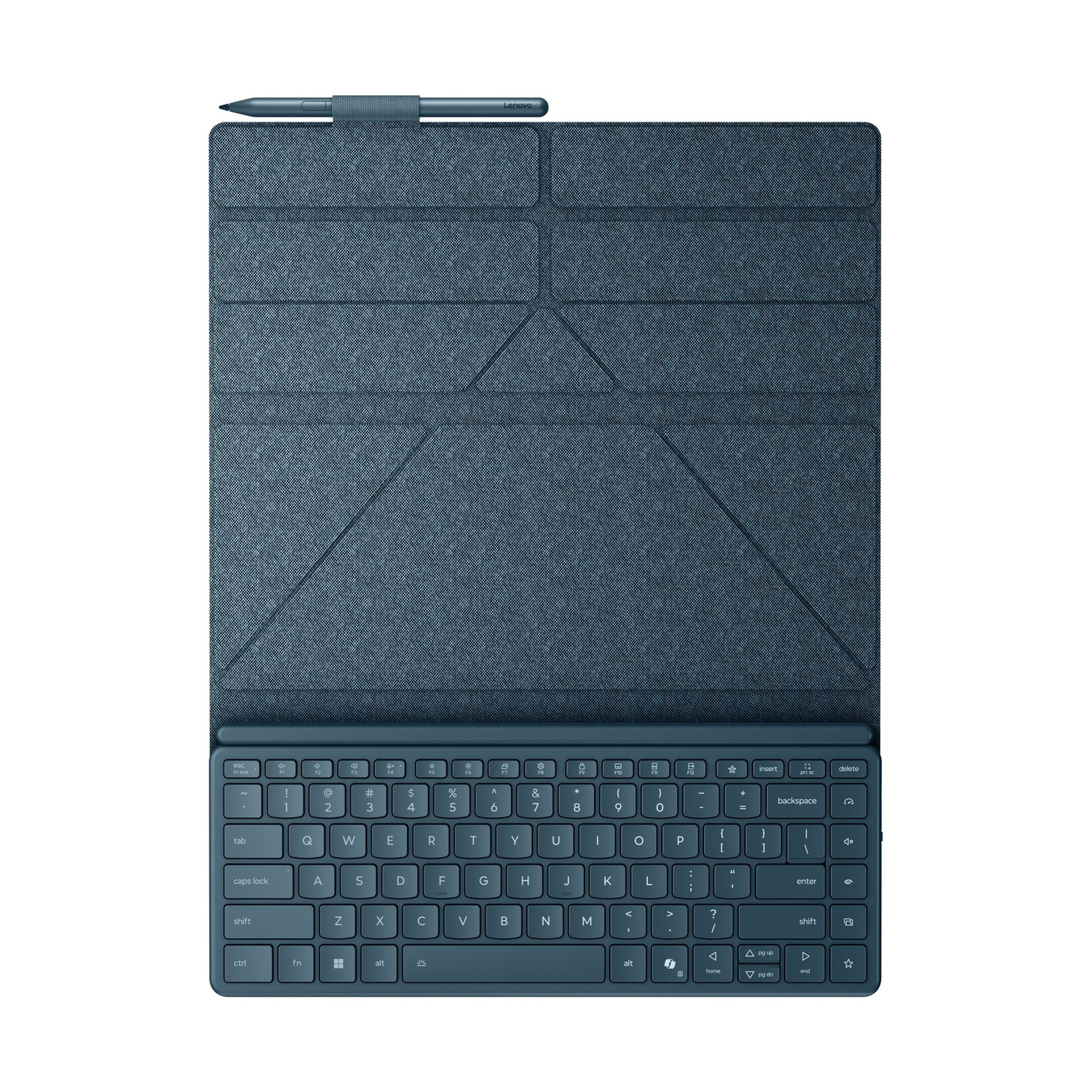 Uno stilo Lenovo blu poggia su una cover per tastiera blu.