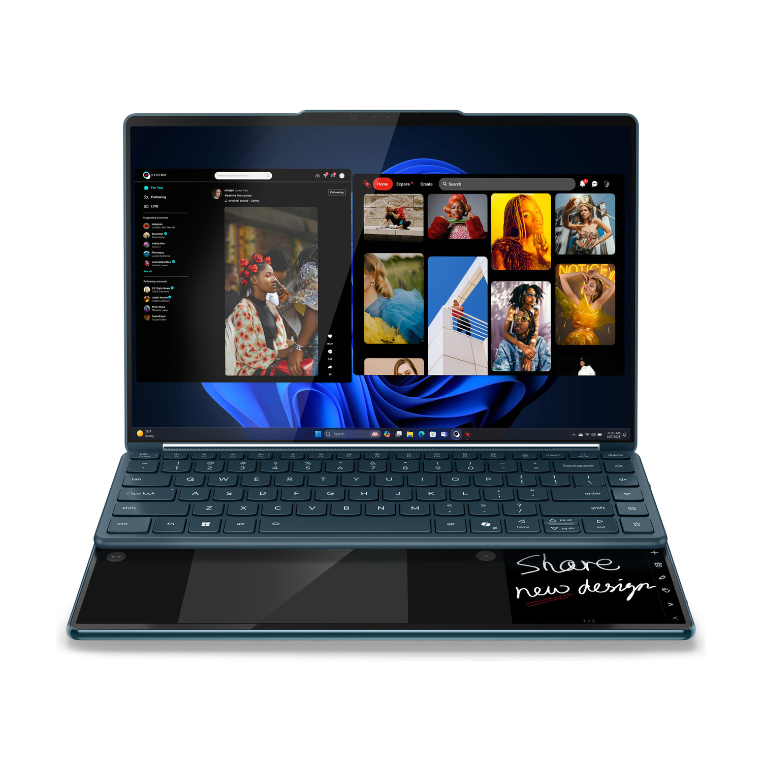 Un laptop blu con tastiera staccabile mostra un'app di social media con immagini.