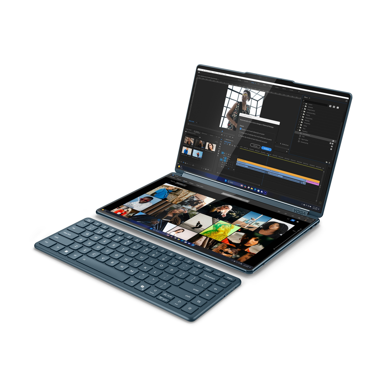 Un laptop blu con schermo diviso e tastiera, che mostra un software di editing video.