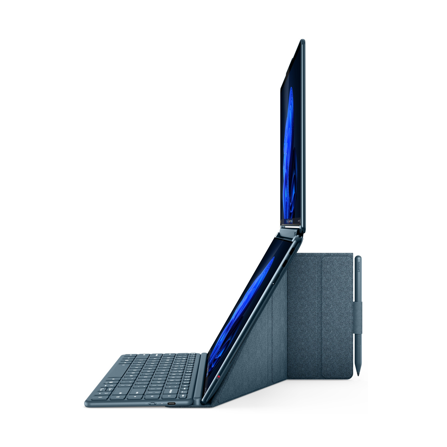 Un laptop blu con supporto, tastiera e stilo su sfondo bianco.