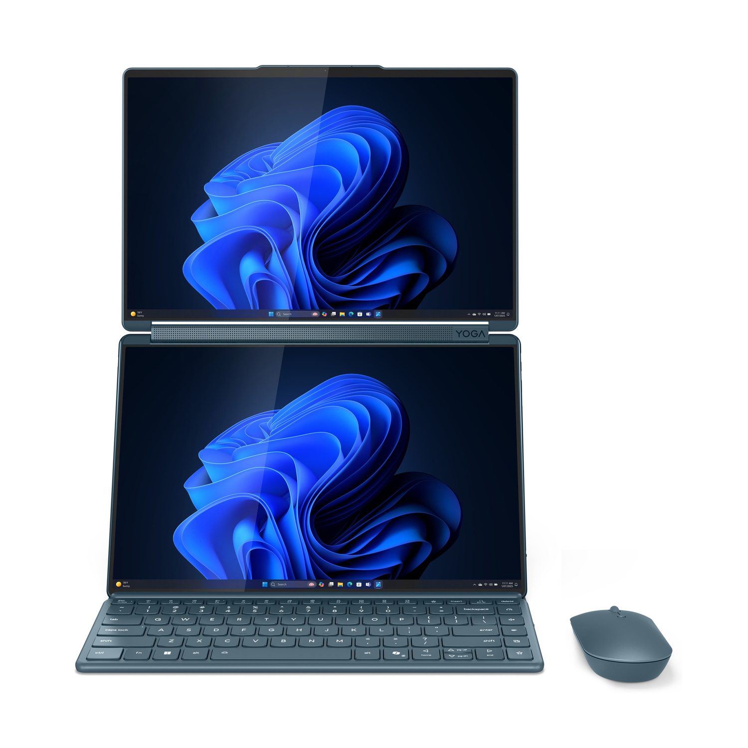 Un laptop grigio scuro a doppio schermo con sfondo blu, accanto a un mouse.