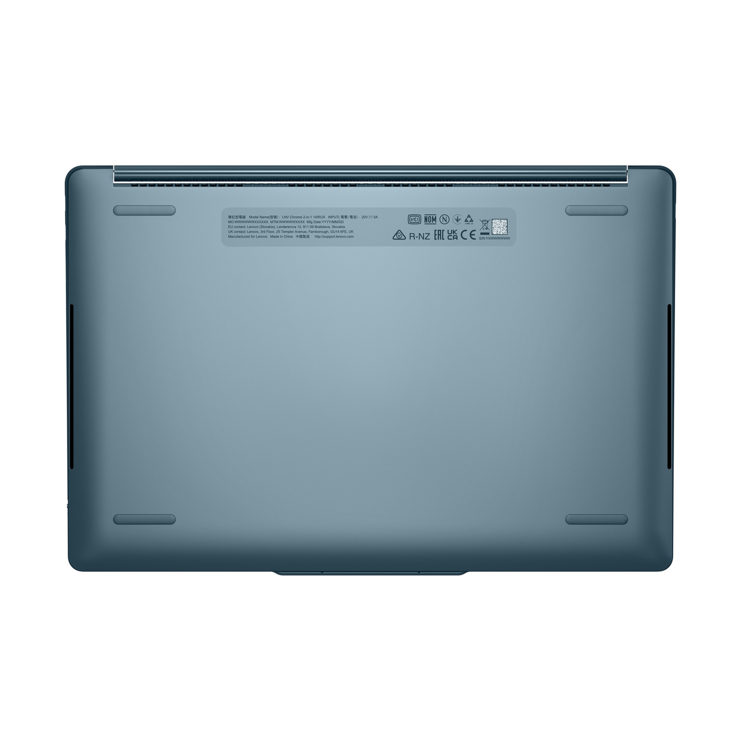 Parte inferiore di un laptop blu con etichette e piedini in gomma.