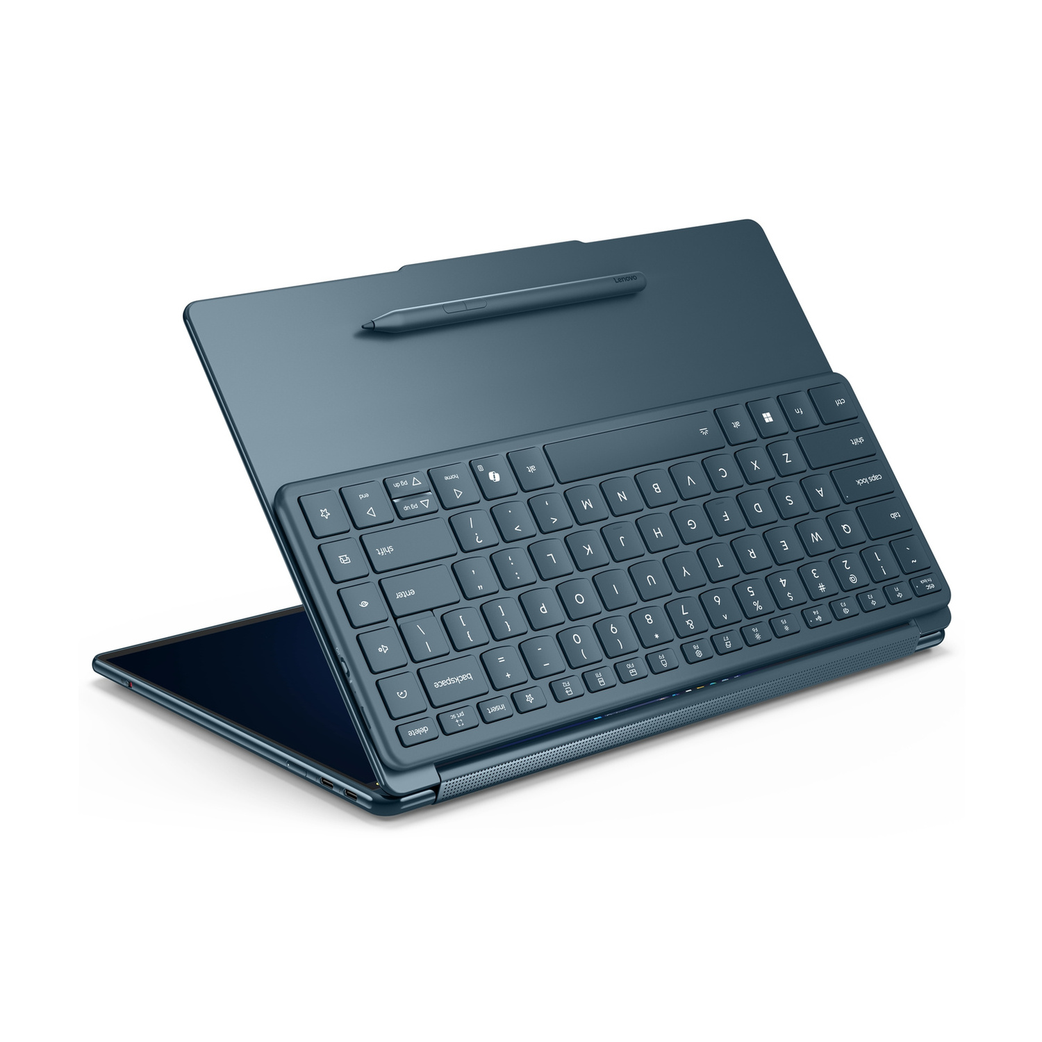 Un laptop Lenovo blu con tastiera e penna stilo rimovibili.