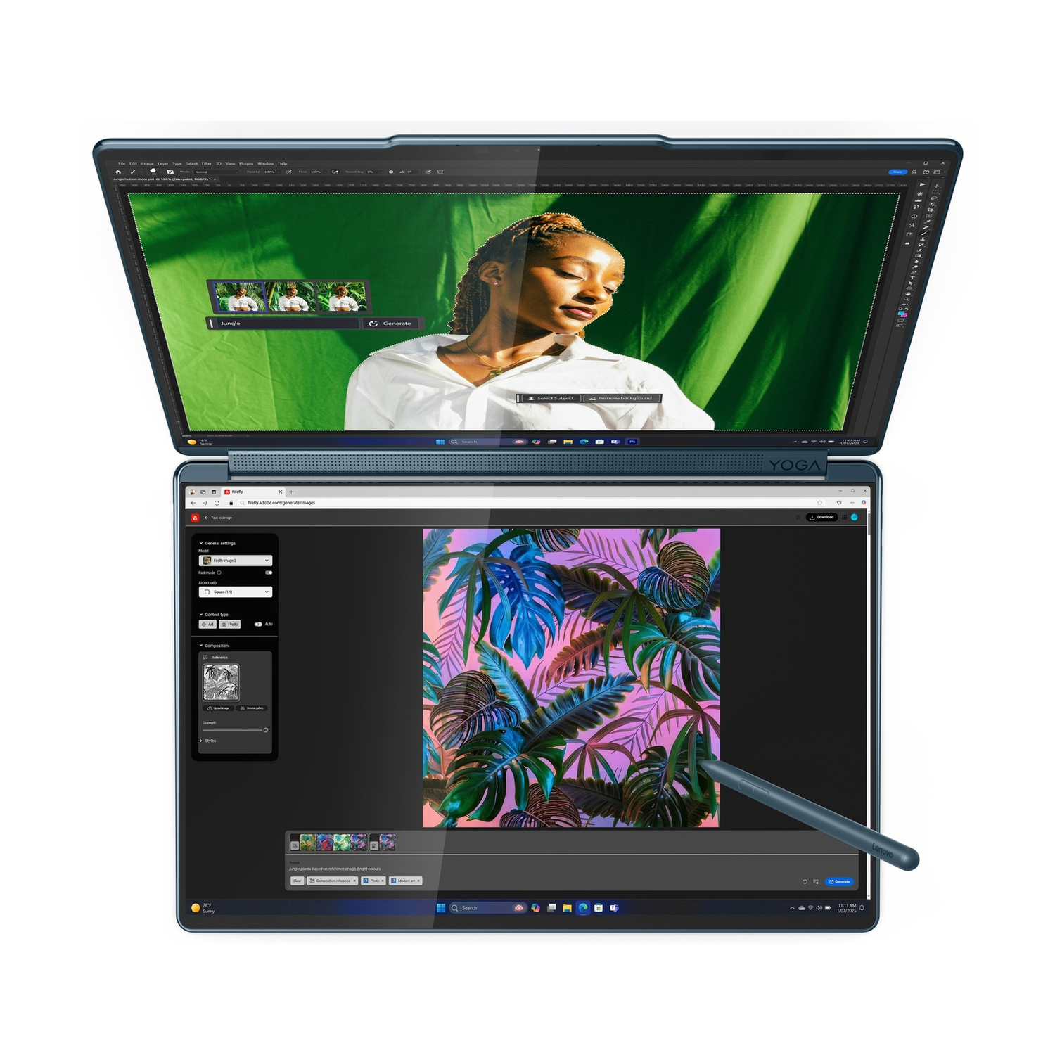 Un laptop mostra una donna e arte digitale di piante della giungla.