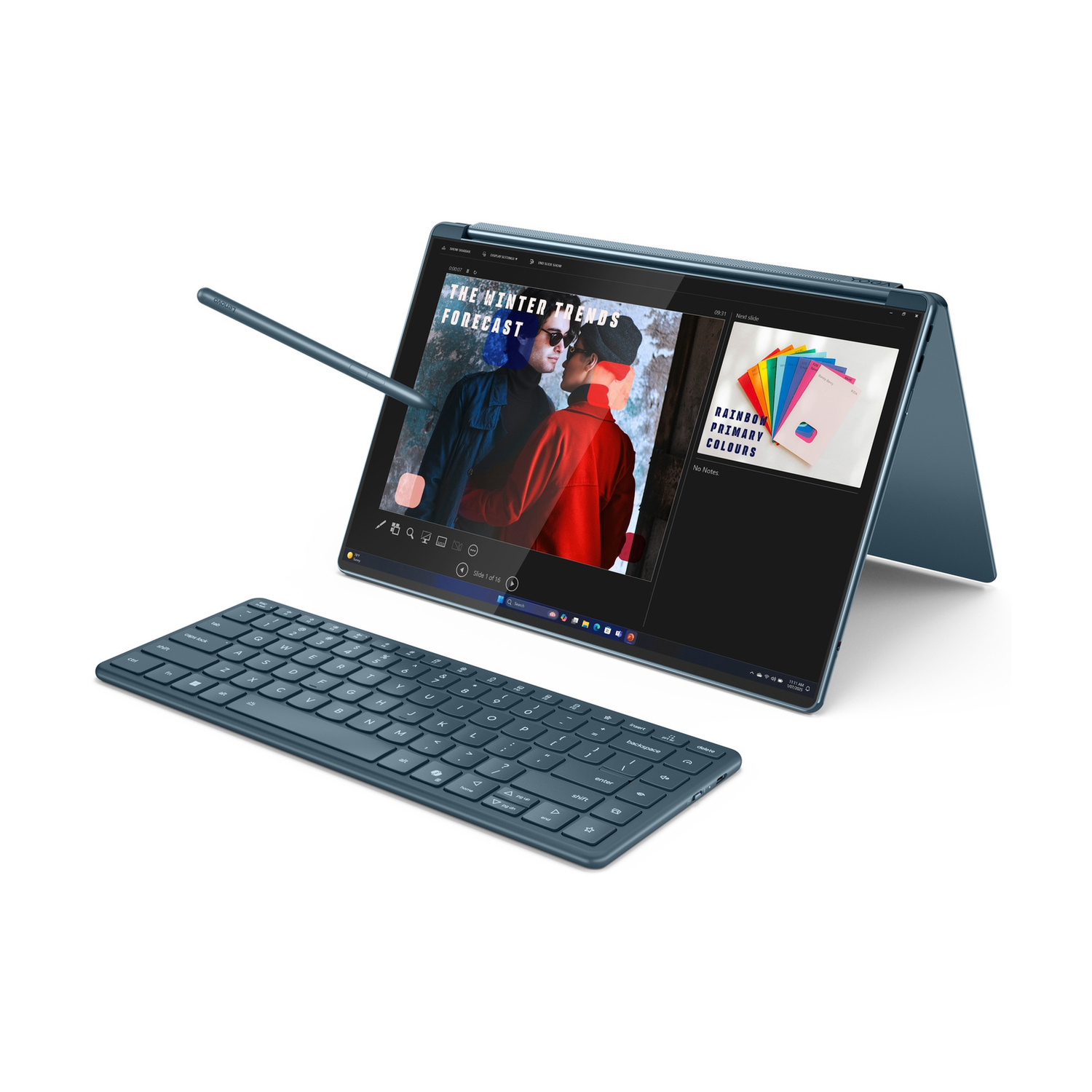 Un laptop blu con tastiera e penna, che mostra una presentazione con immagini e testo.