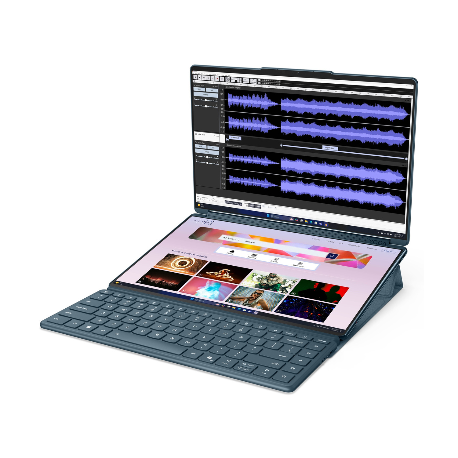 Un laptop blu con due schermi che mostrano forme d'onda. Tastiera in primo piano.