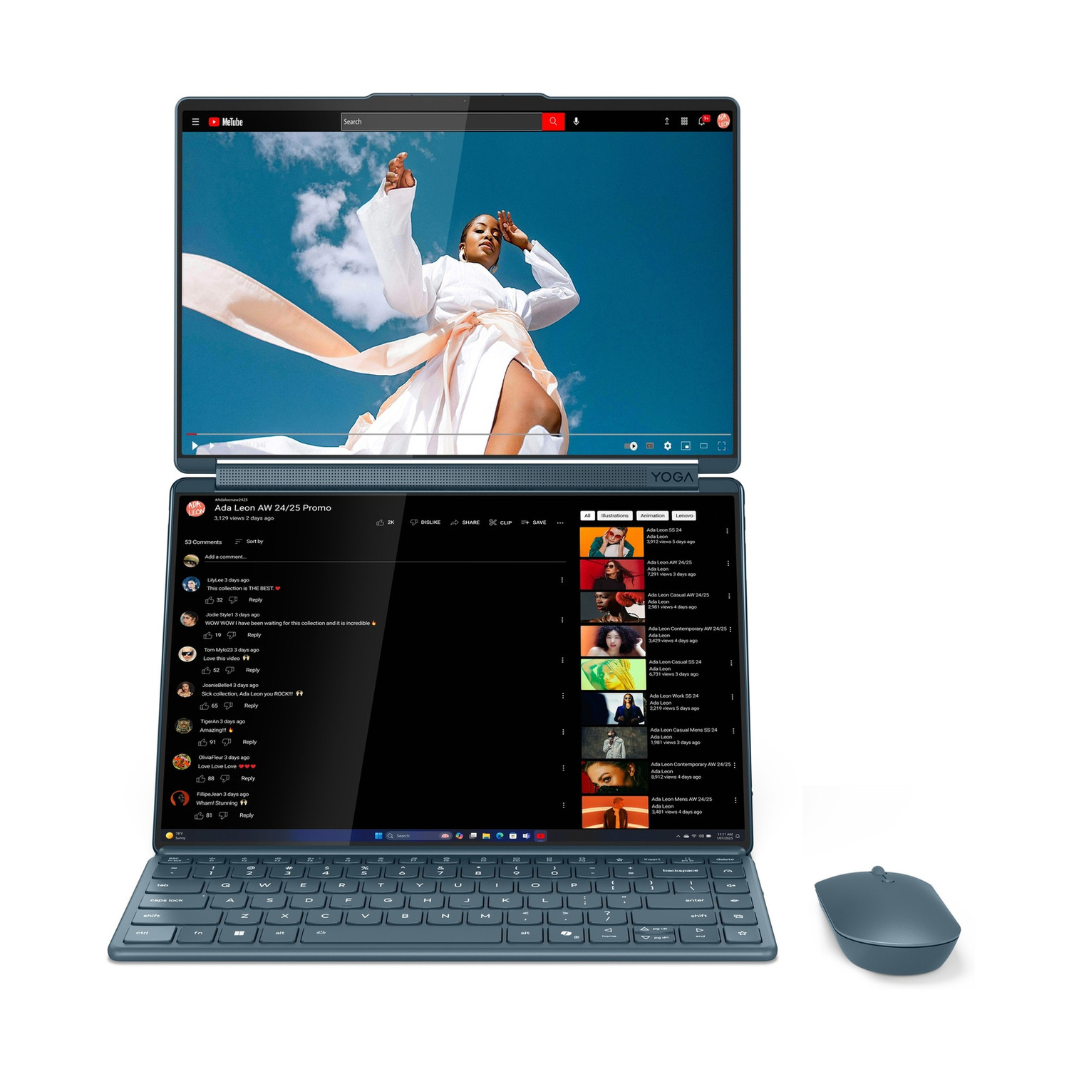 Un laptop che mostra un cielo blu e una donna in bianco che presenta una sfilata di moda.