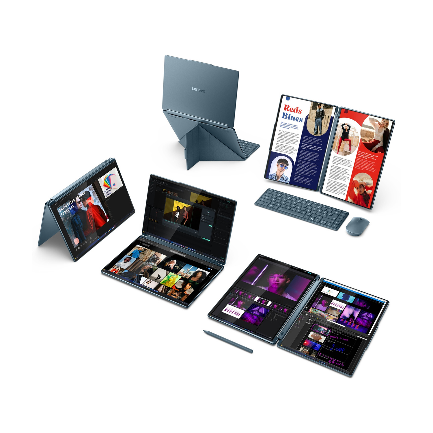 Molti laptop e tablet con schermi aperti che mostrano contenuti.