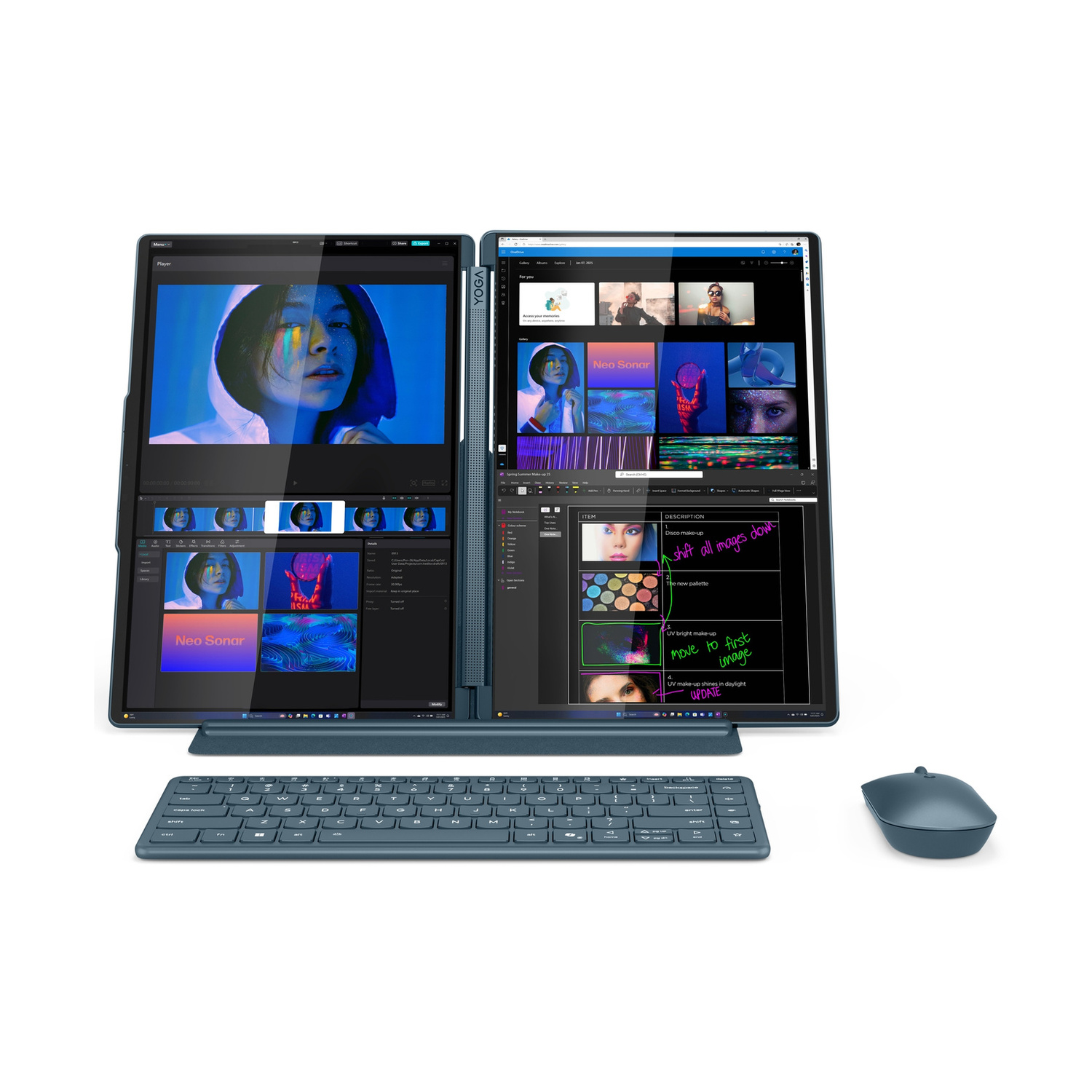 Un laptop a doppio schermo con tastiera e mouse. Gli schermi mostrano software di editing video.