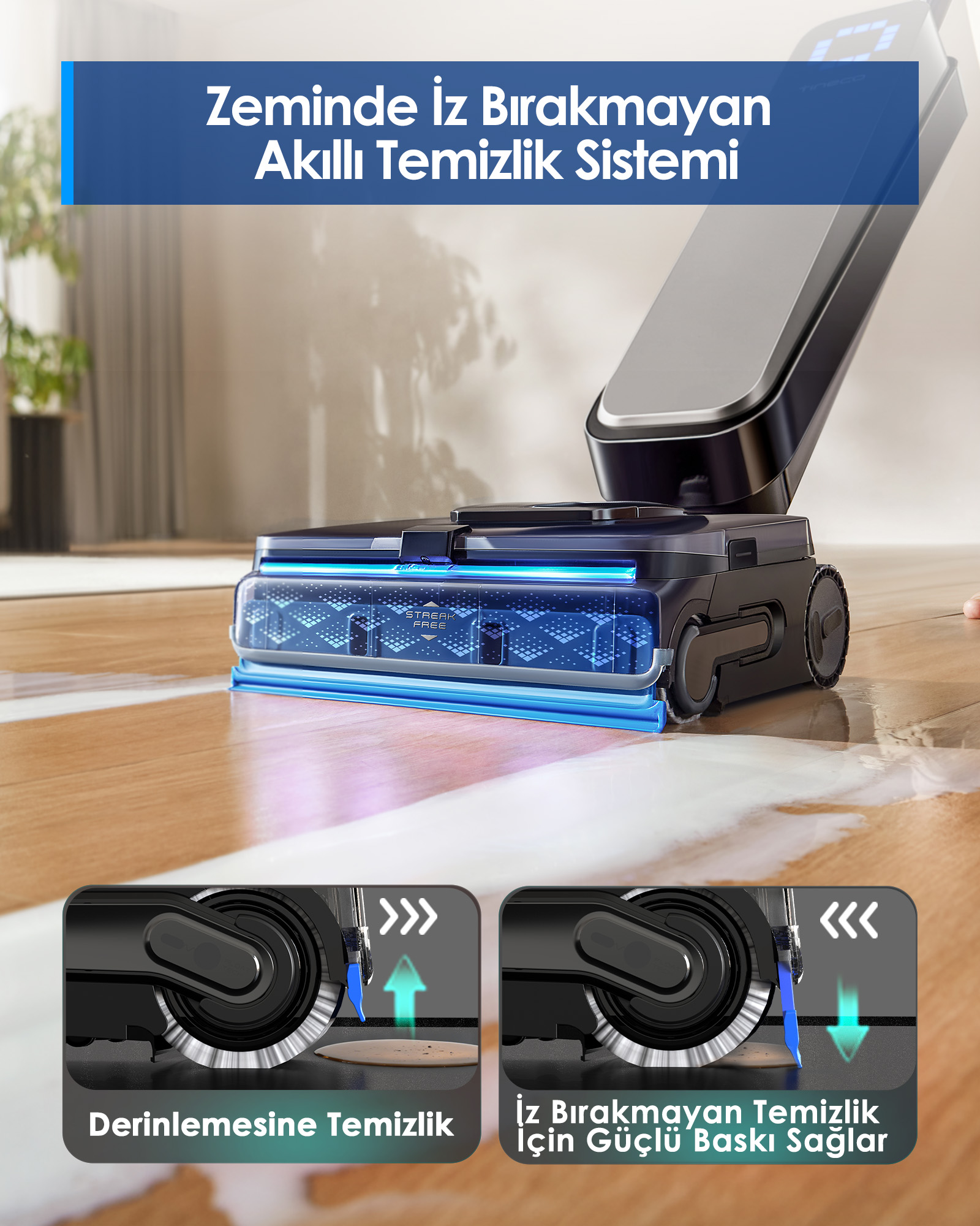 Mavi LED ışıklı yer temizleyici ahşap zemini temizliyor. Yakın çekim.