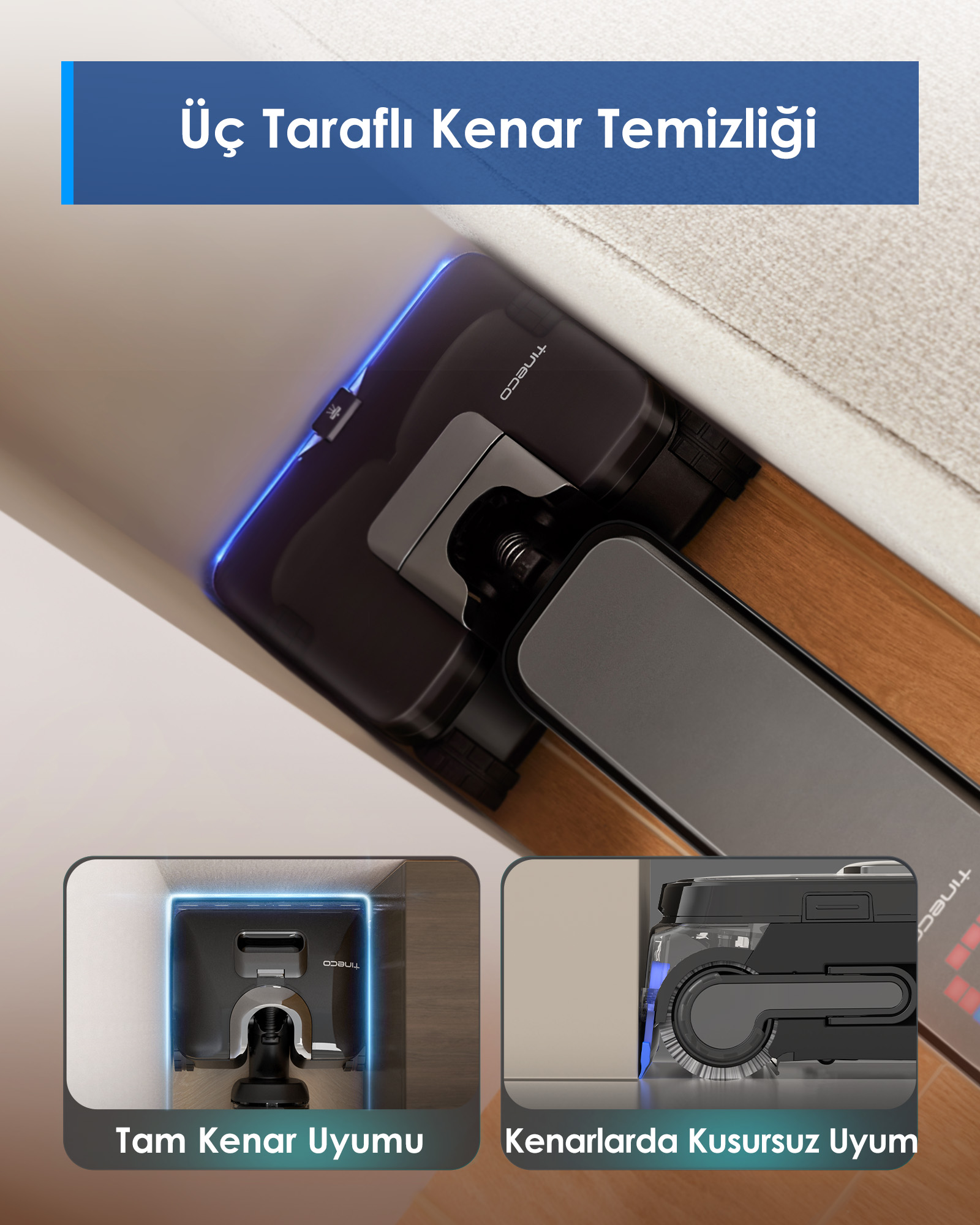 Mavi ışıklı siyah süpürge robotu bir köşeyi temizliyor.