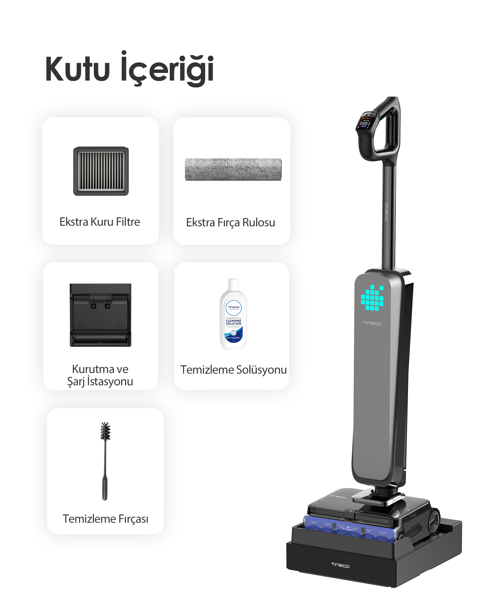 Ürün resimleri: kuru filtre, fırça rulosu, şarj istasyonu, solüsyon, fırça ve süpürge.