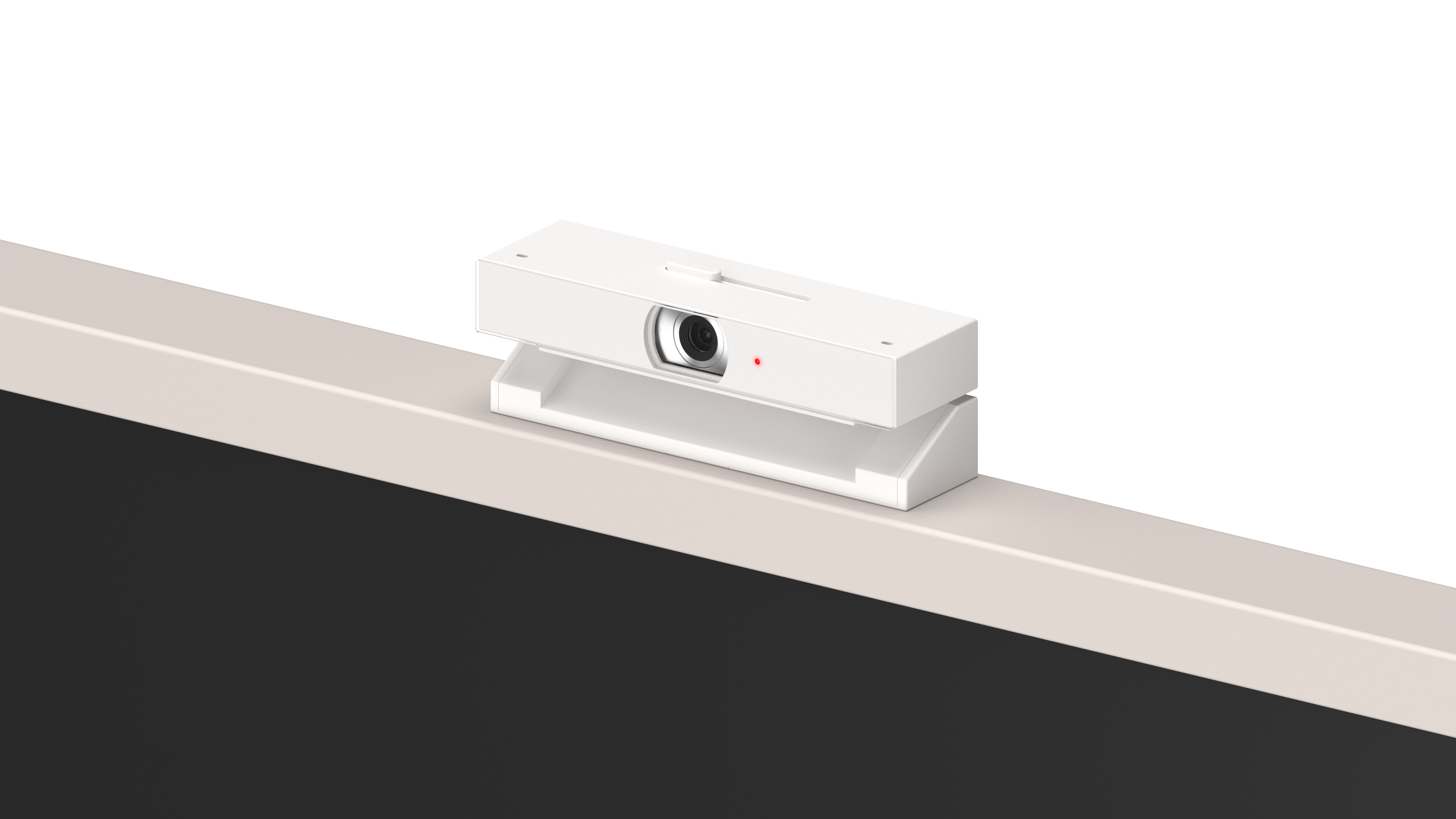 Weiße Webcam mit rotem Lämpchen auf einem hellen Rand über dunklem Hintergrund.