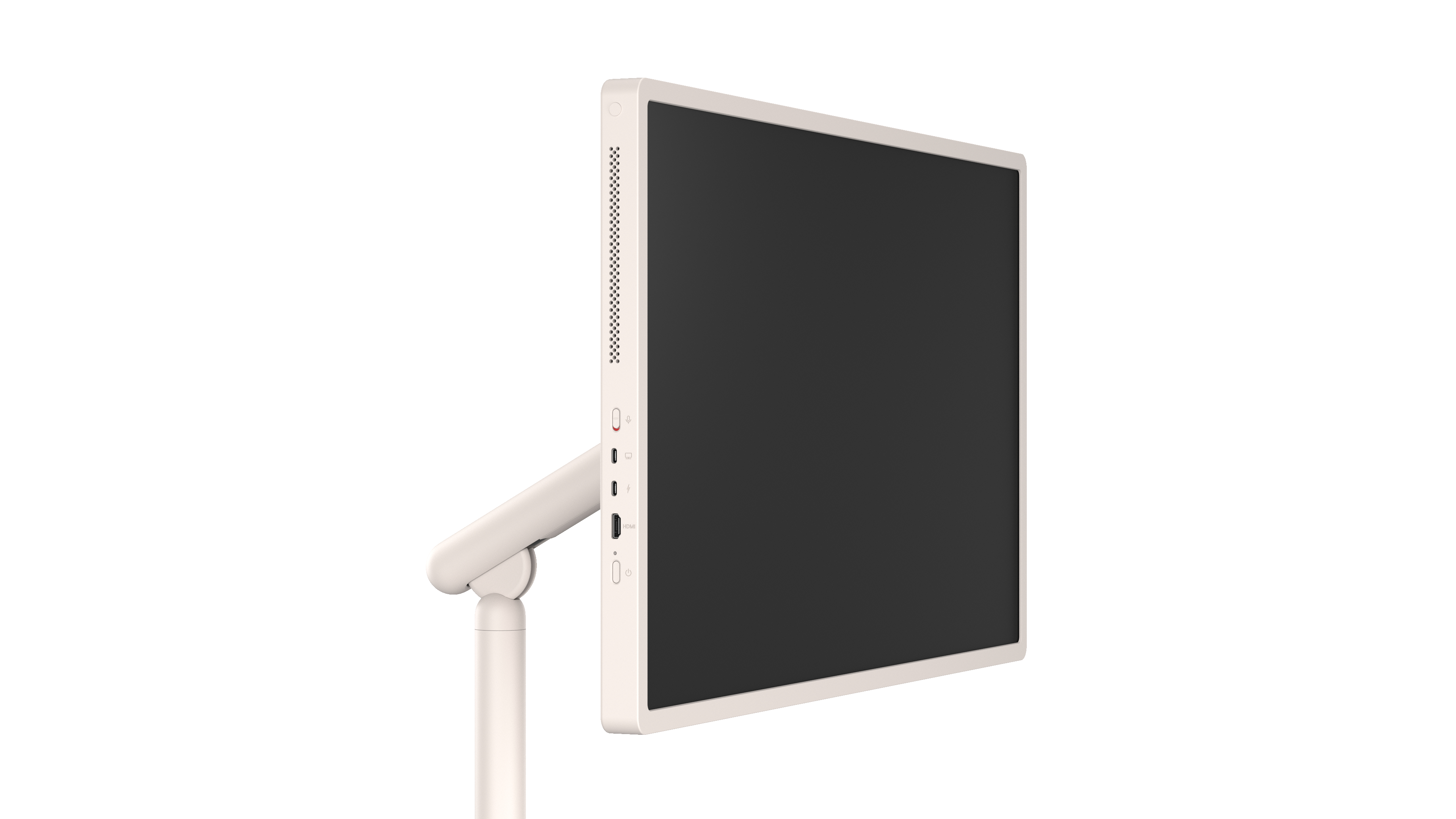 Ein beigefarbener Monitor mit schwarzem Bildschirm auf einem Standfuß mit Anschlüssen.