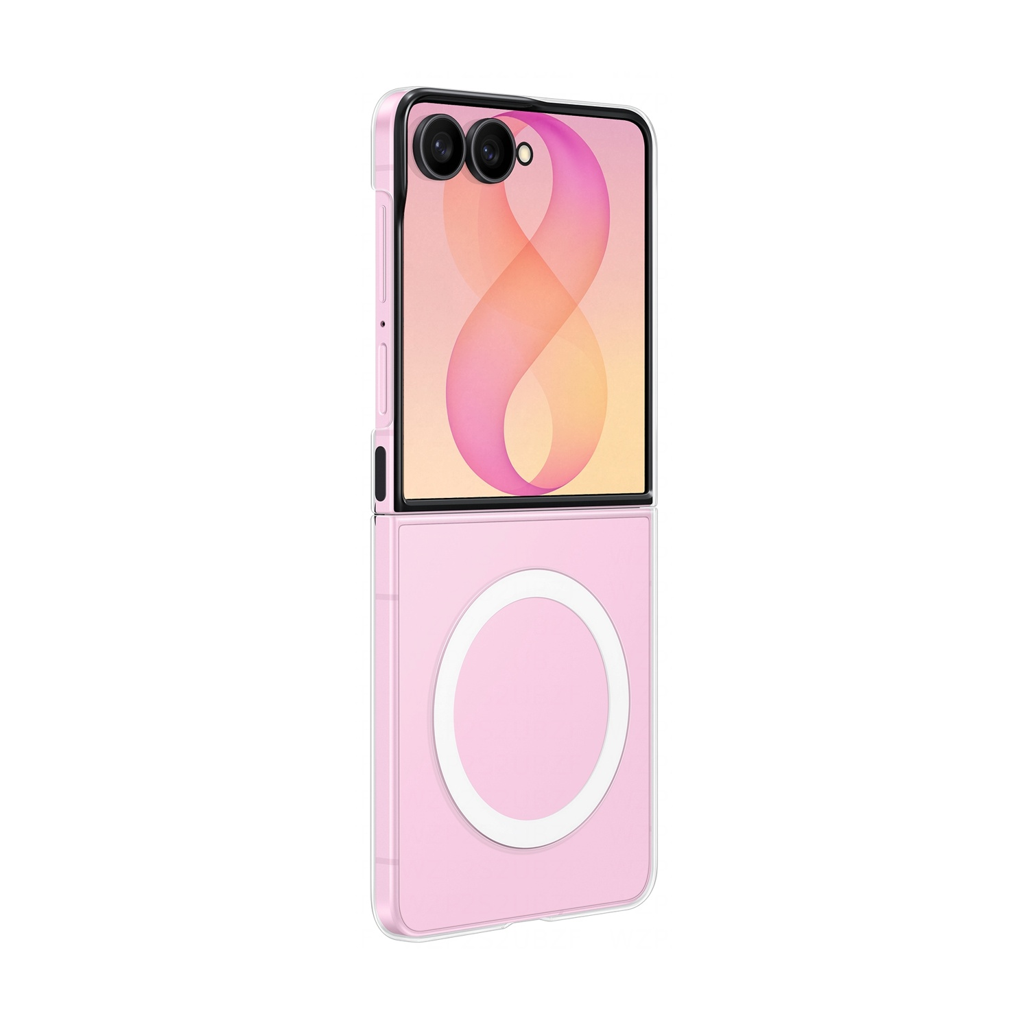 Un telefono flip rosa con due fotocamere e uno sfondo a forma di otto.