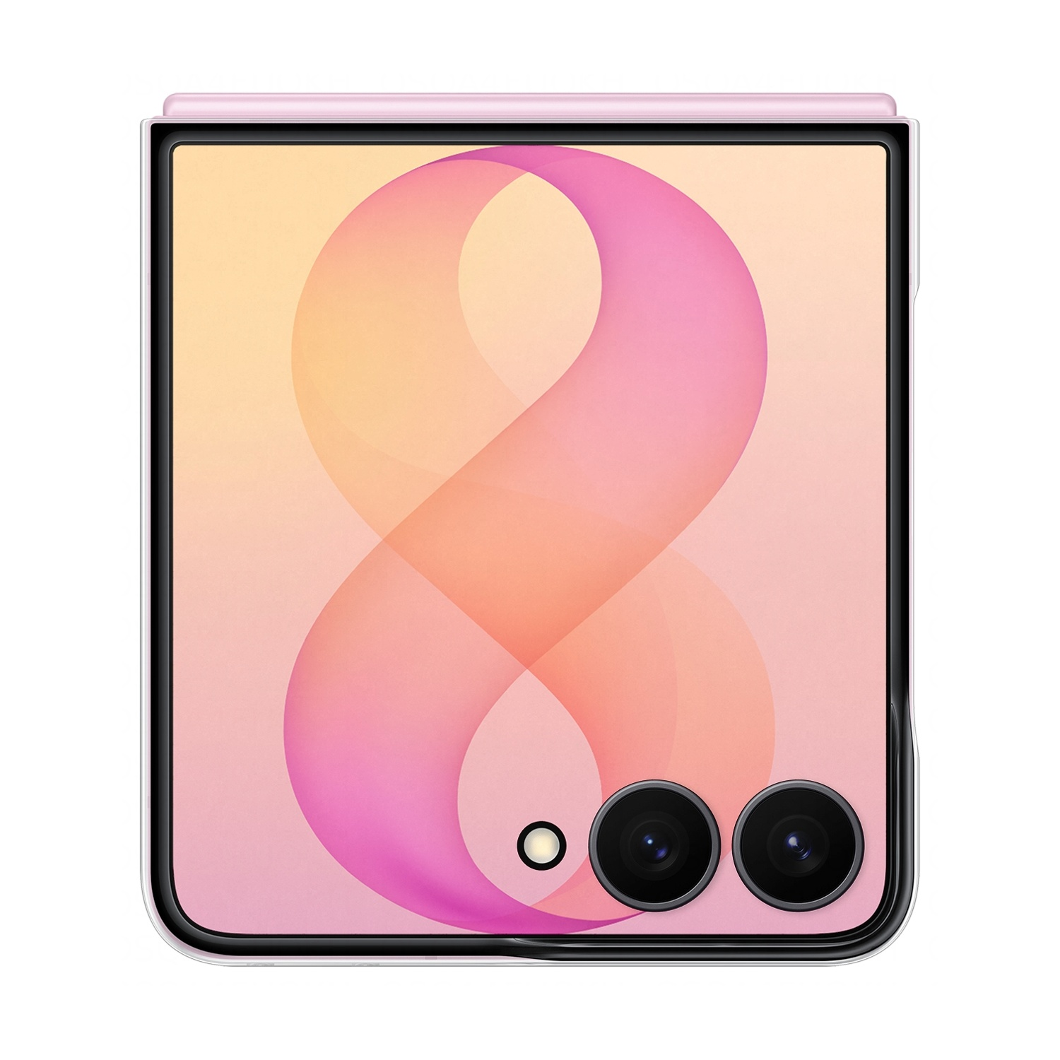 Un telefono flip rosa chiuso con uno sfondo astratto sullo schermo.