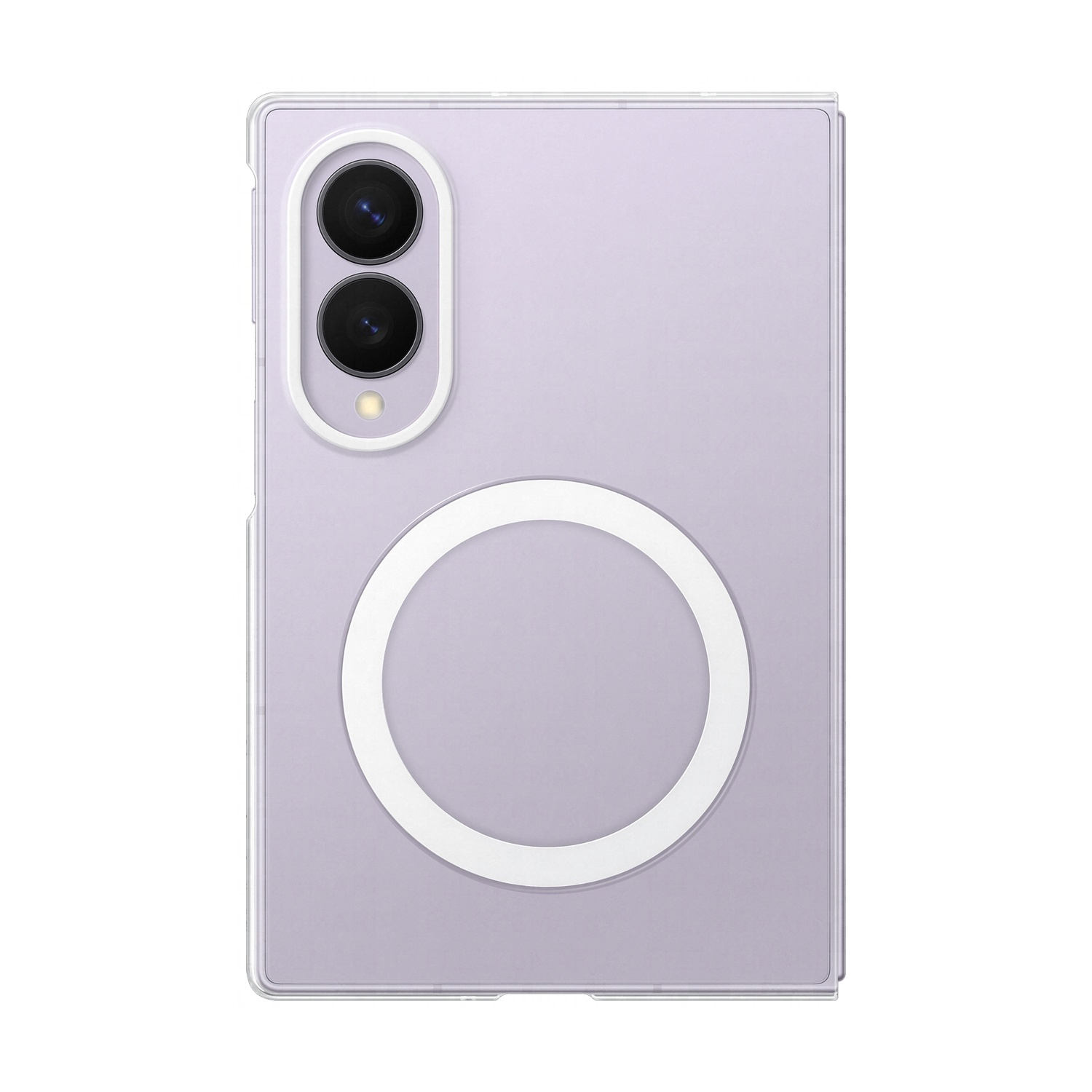 Un telefono viola chiaro con due obiettivi e un anello bianco sul retro.