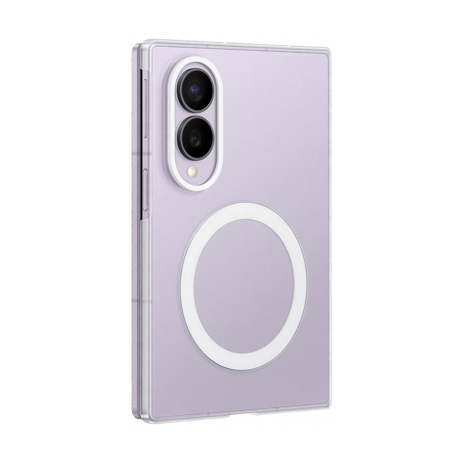 Un telefono viola in custodia trasparente con due fotocamere e cerchio bianco.