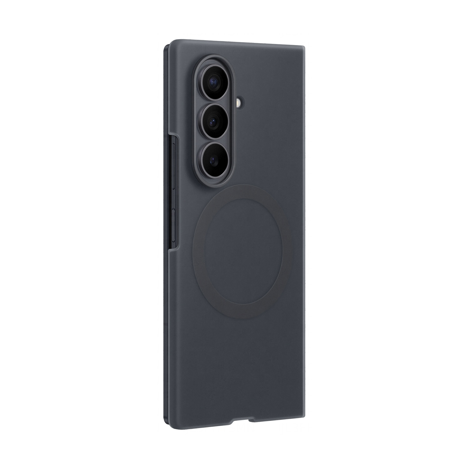 Custodia per telefono grigio scuro con tre obiettivi e un anello circolare.