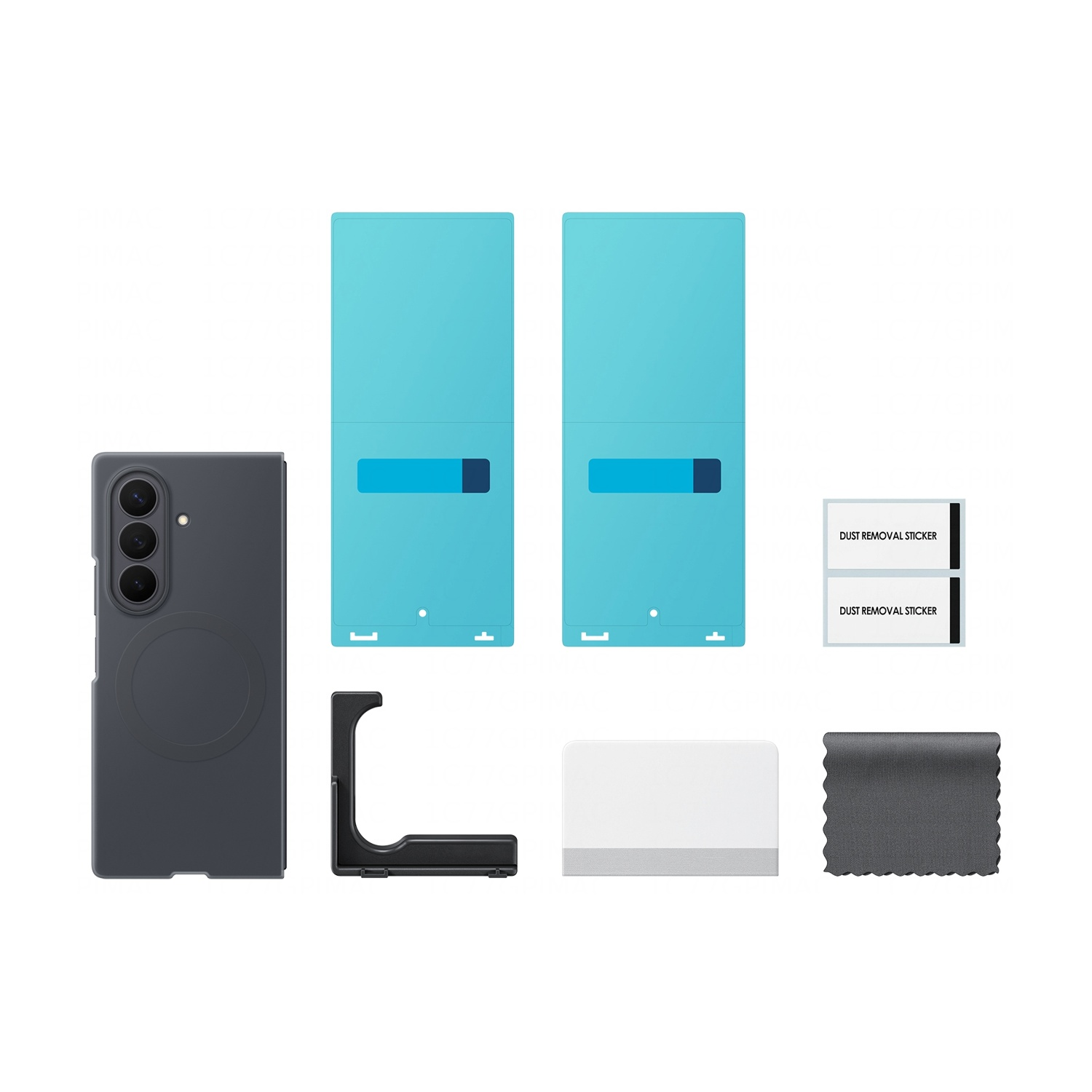 Custodia per telefono, protezioni schermo blu, adesivi rimuovi polvere, spatola e panno.