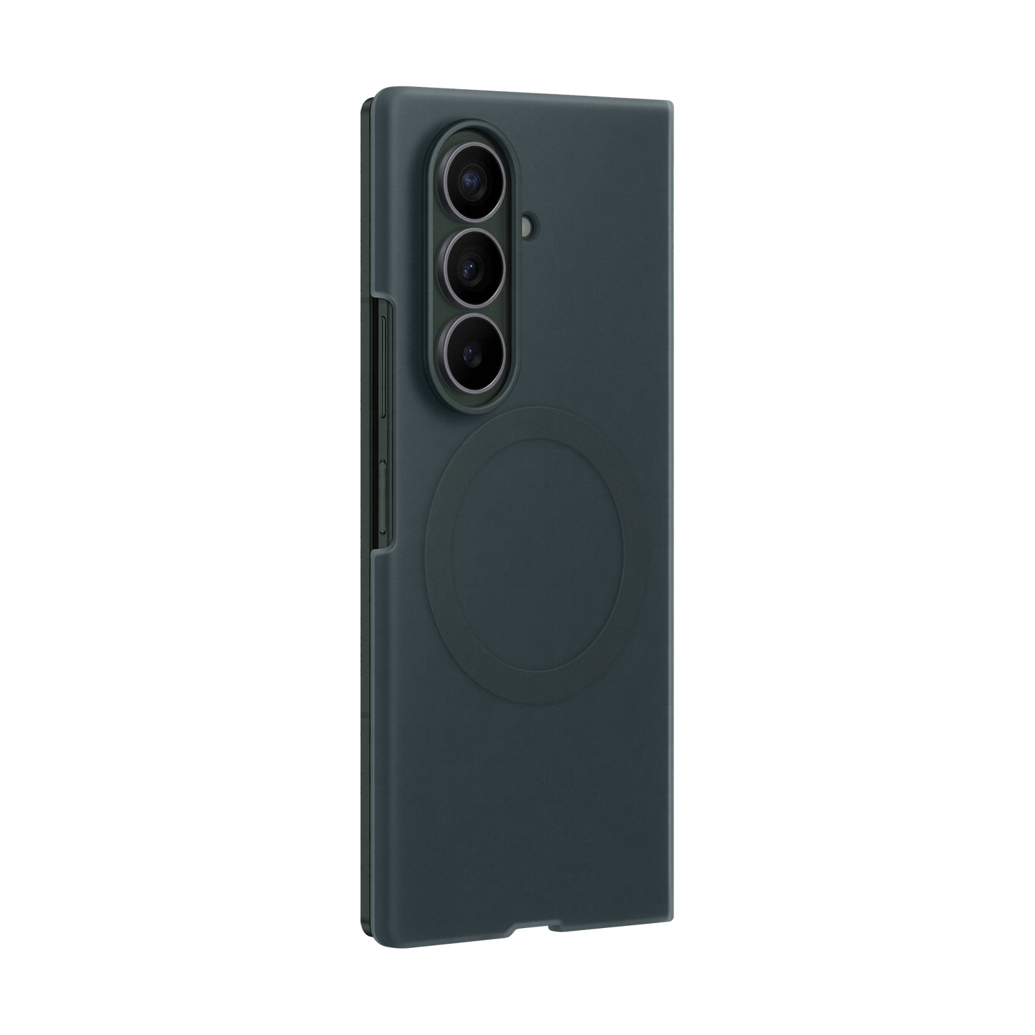 Custodia per telefono grigio scuro con tre fotocamere e anello MagSafe.