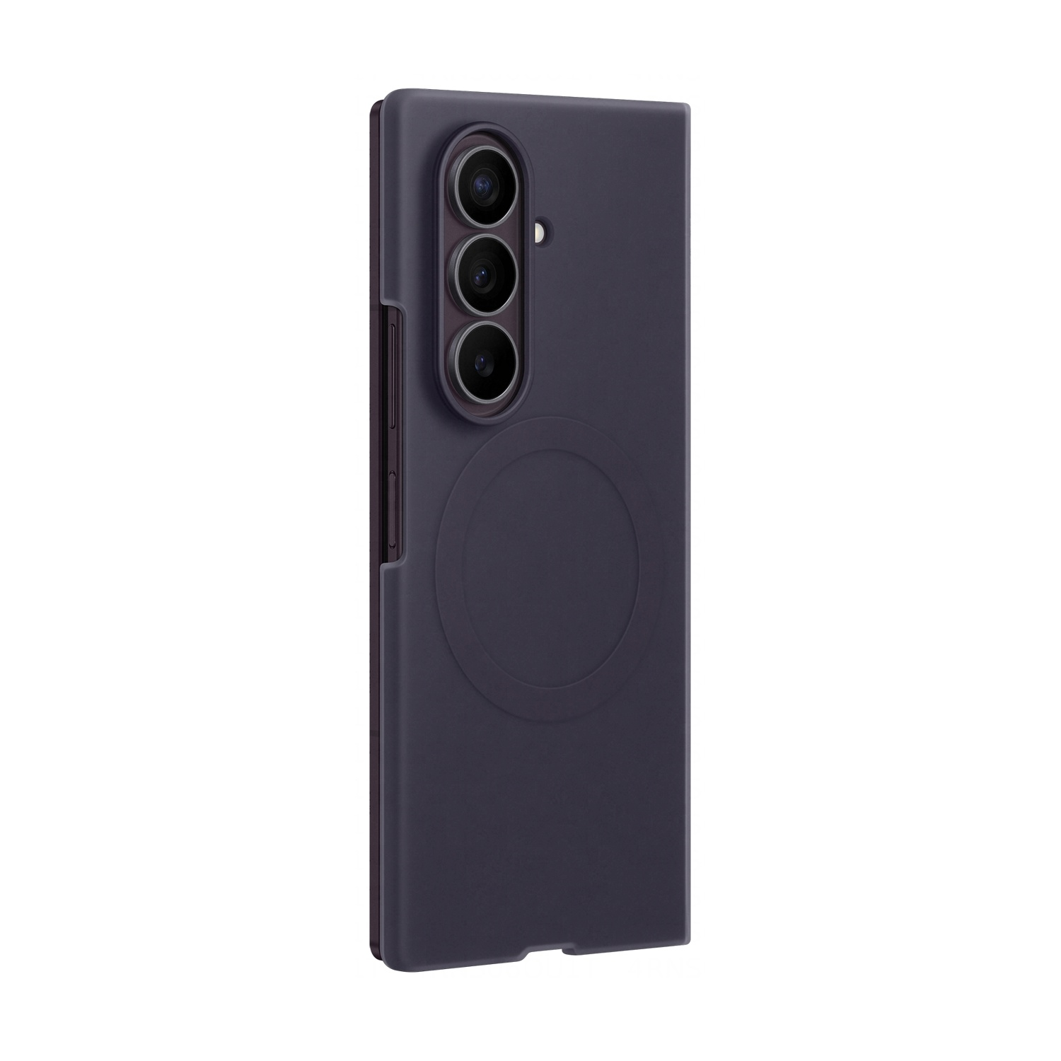 Custodia per telefono grigio scuro con tre obiettivi e un'area magnetica circolare.