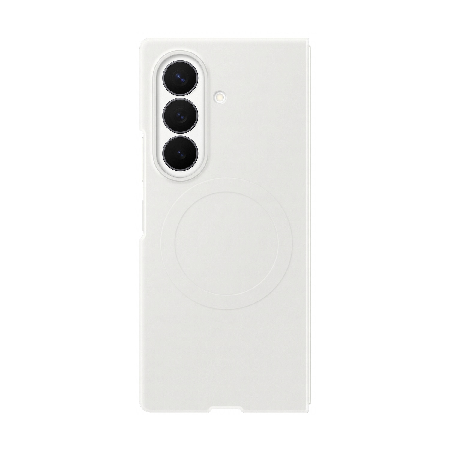 Custodia bianca per telefono con tre fotocamere e cerchio per ricarica wireless.