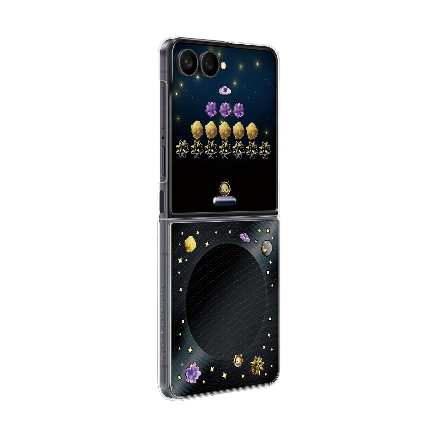 Un telefono flip a tema spaziale. Lo schermo superiore mostra grafiche di alieni e stelle.