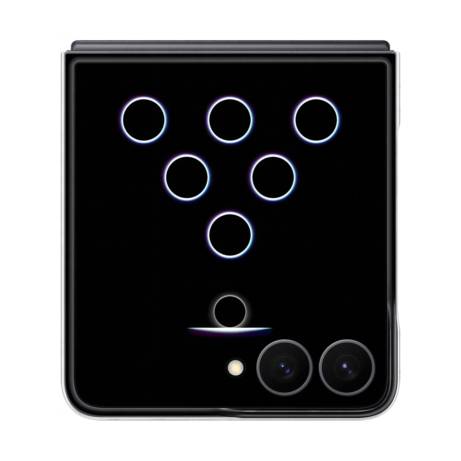Retro di uno smartphone nero con sei cerchi luminosi e due fotocamere.