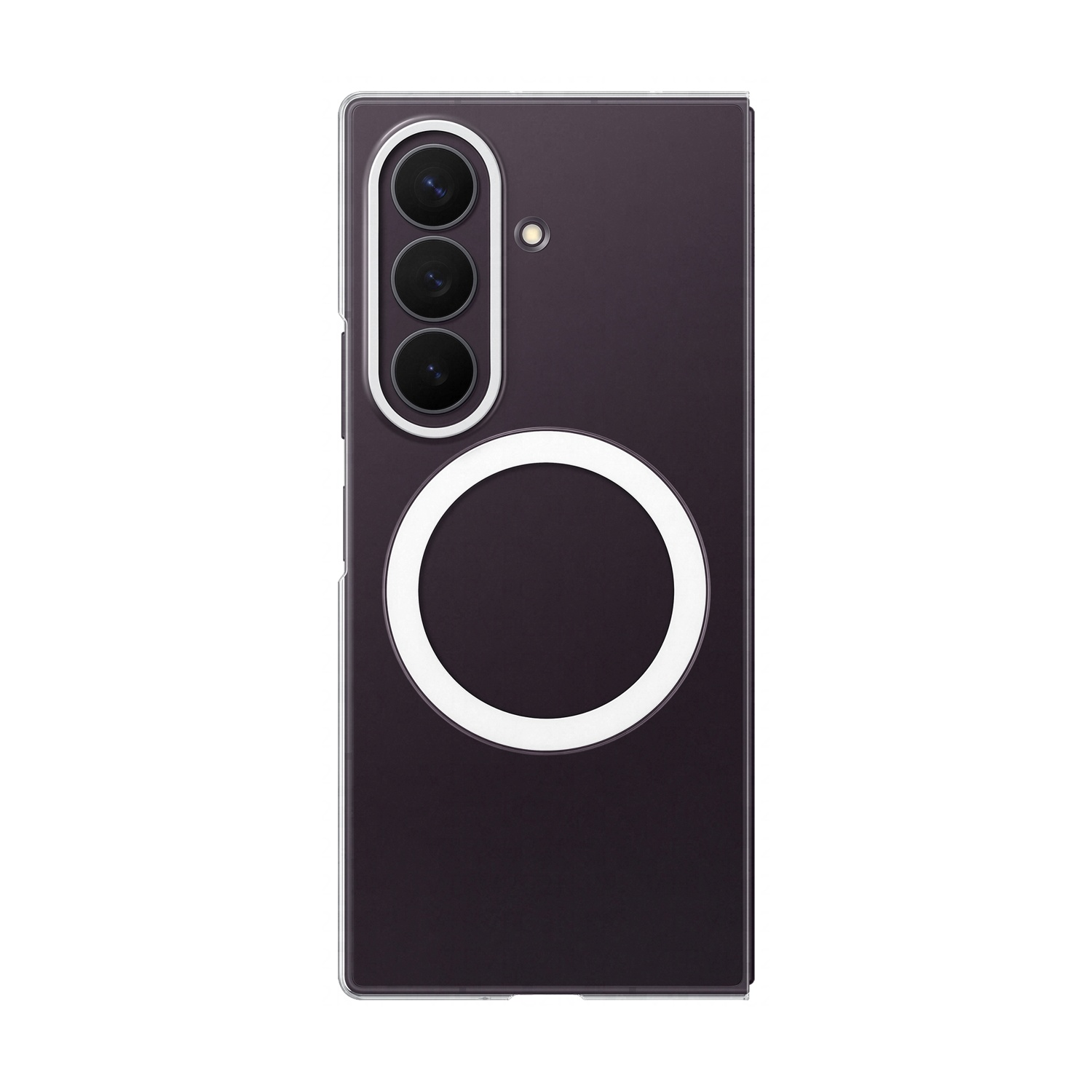 Custodia scura per telefono con tre fotocamere e un cerchio bianco.